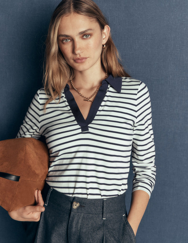 Open Collar Notch Neck-Ivory/ Navy Stripe