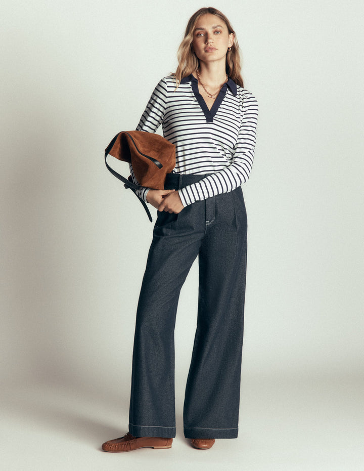 Open Collar Notch Neck-Ivory/ Navy Stripe