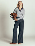 Supersoft Open Collar Shirt-Ivory/ Navy Stripe