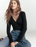Ruched Long Sleeve Wrap Top-Black