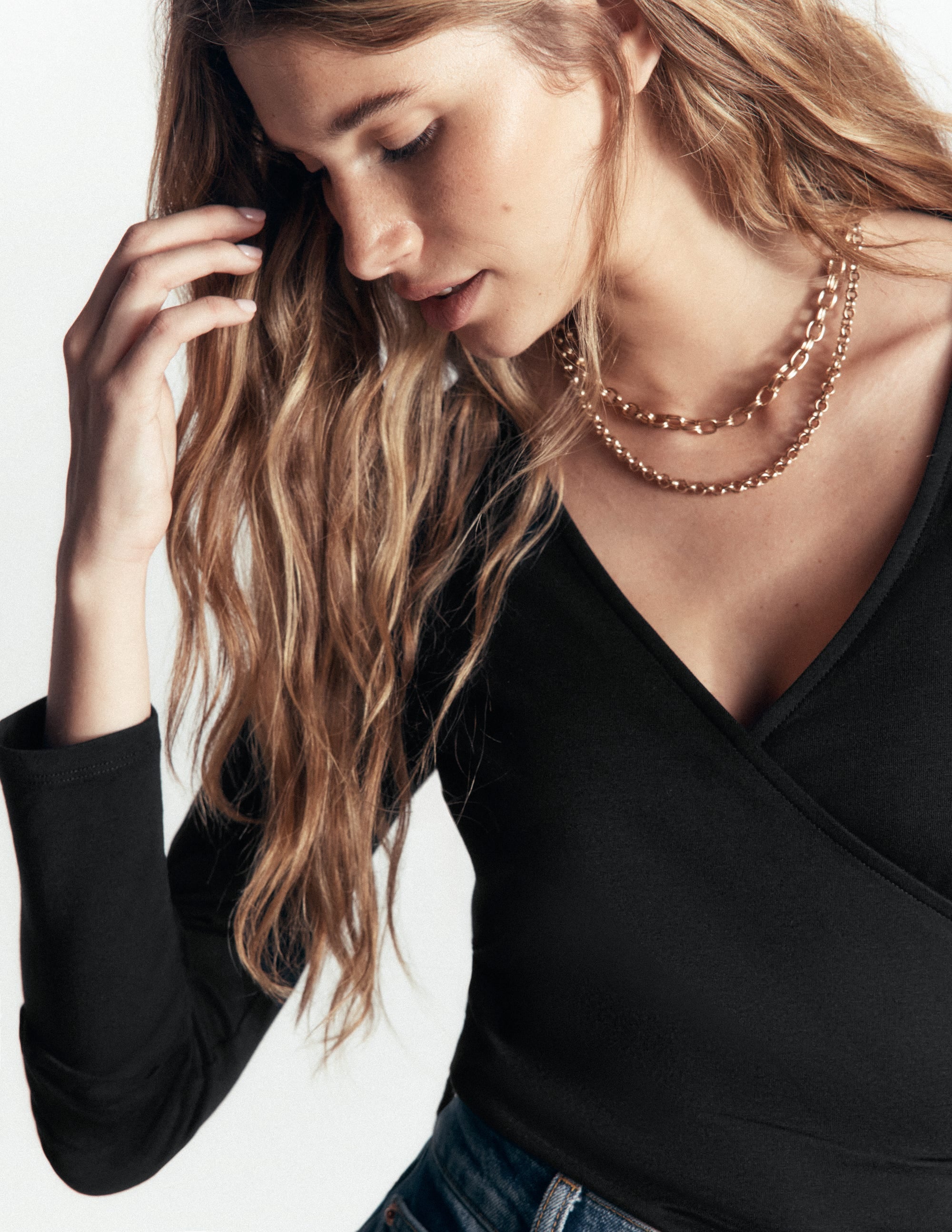 Ruched Long Sleeve Wrap Top-Black - Image 2