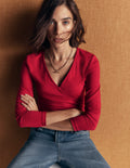 Ruched Long Sleeve Wrap Top-Crimson Red
