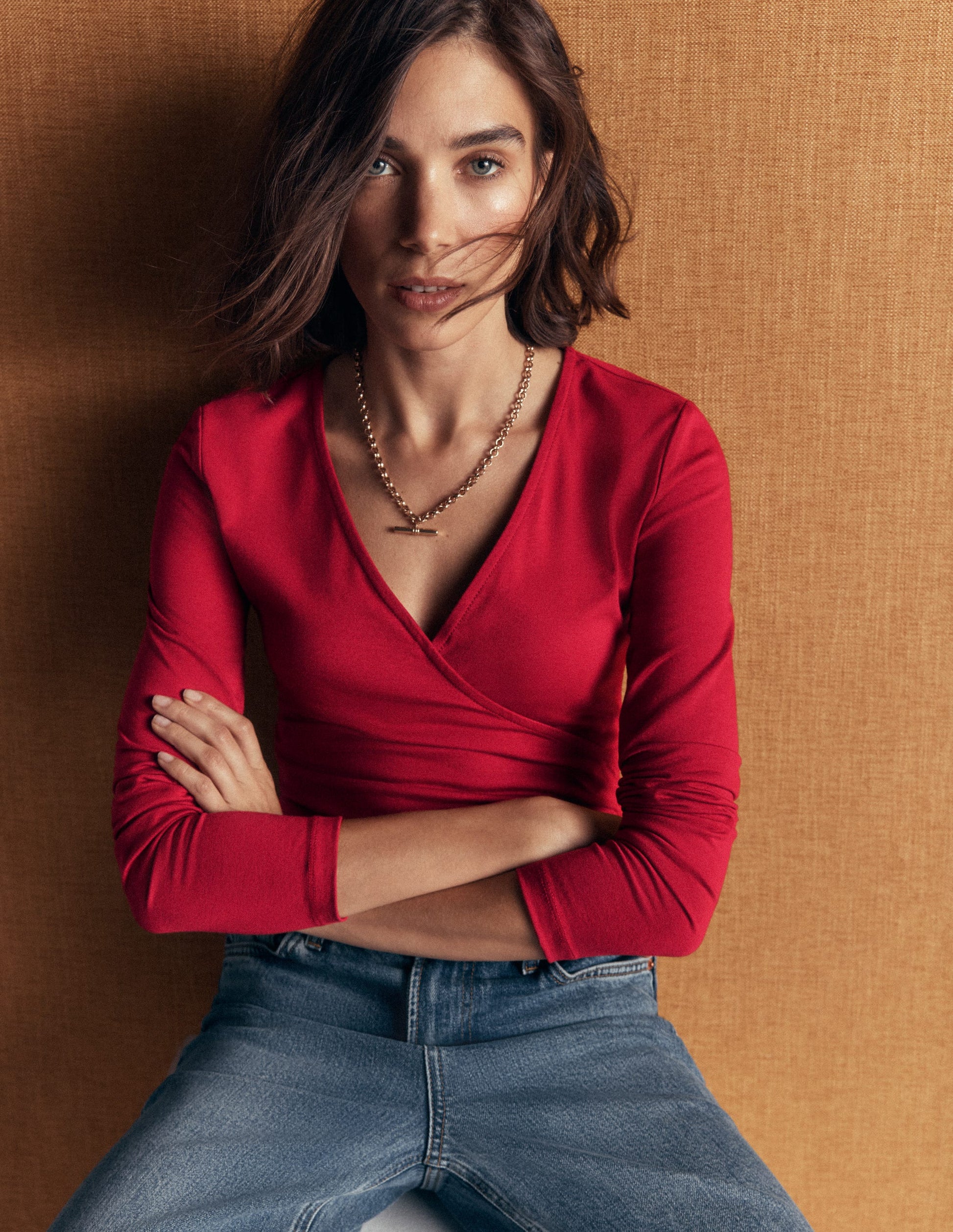 Ruched Long Sleeve Wrap Top-Crimson Red-1