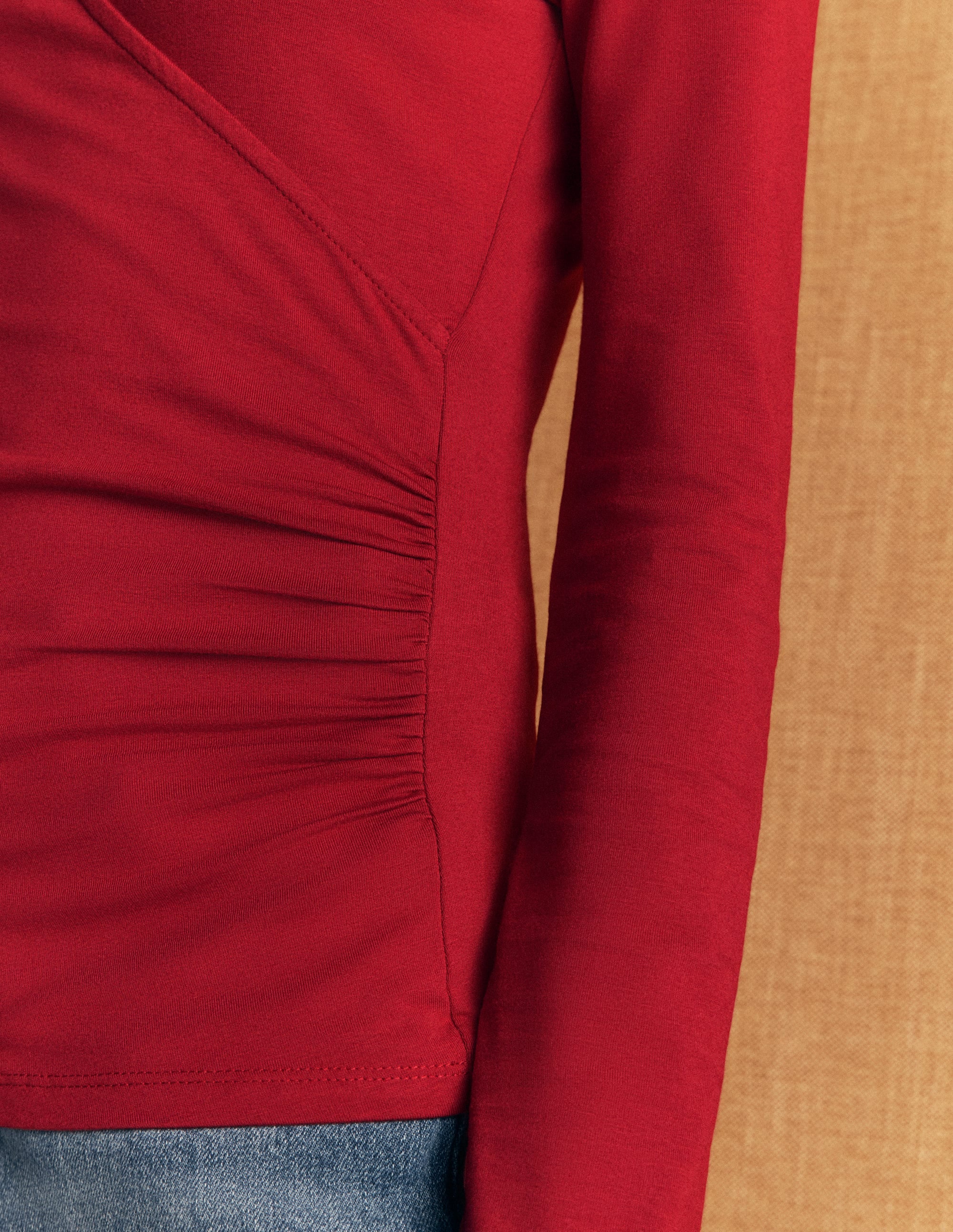 Ruched Long Sleeve Wrap Top-Crimson Red - Image 2
