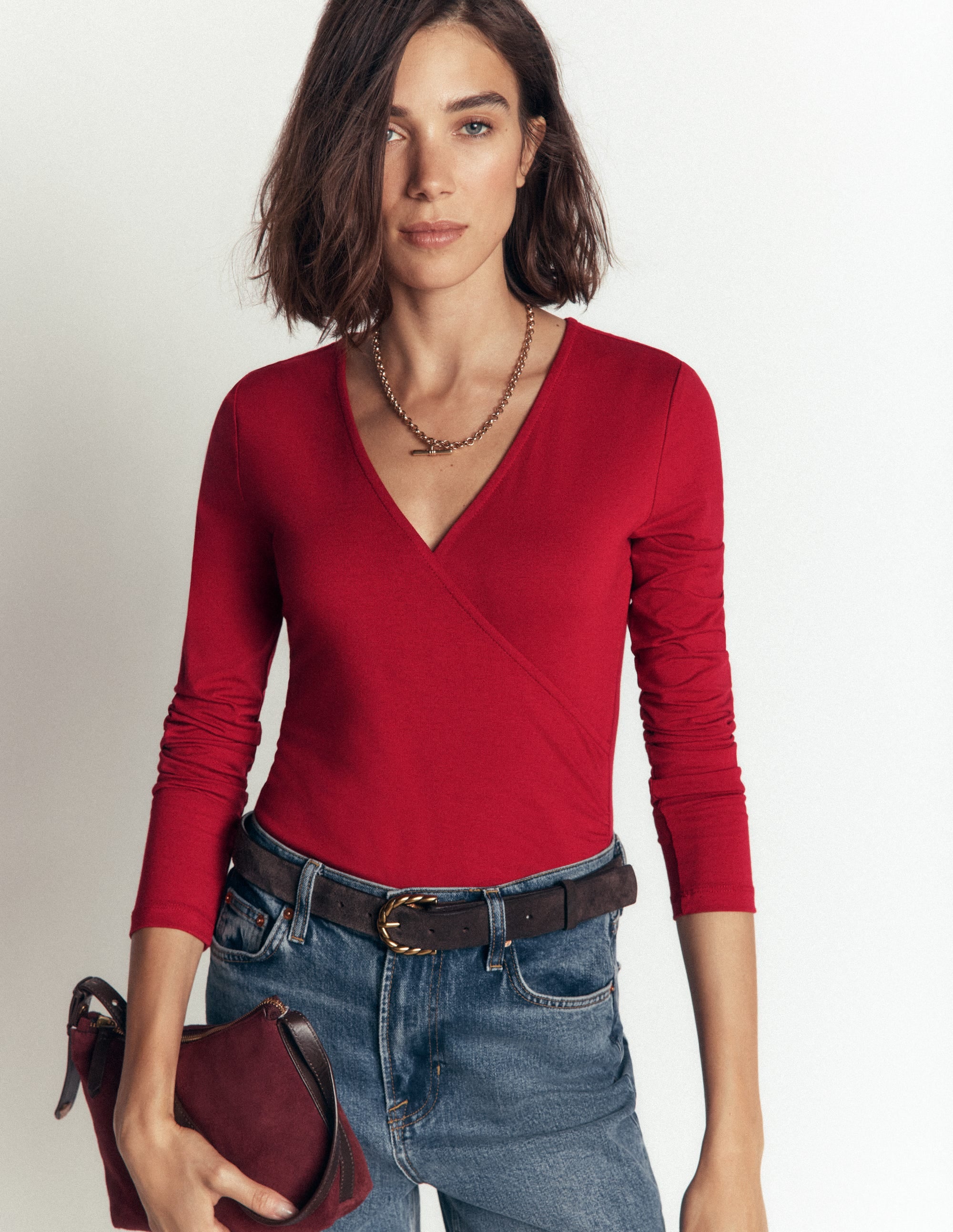 Ruched Long Sleeve Wrap Top-Crimson Red - Image 4