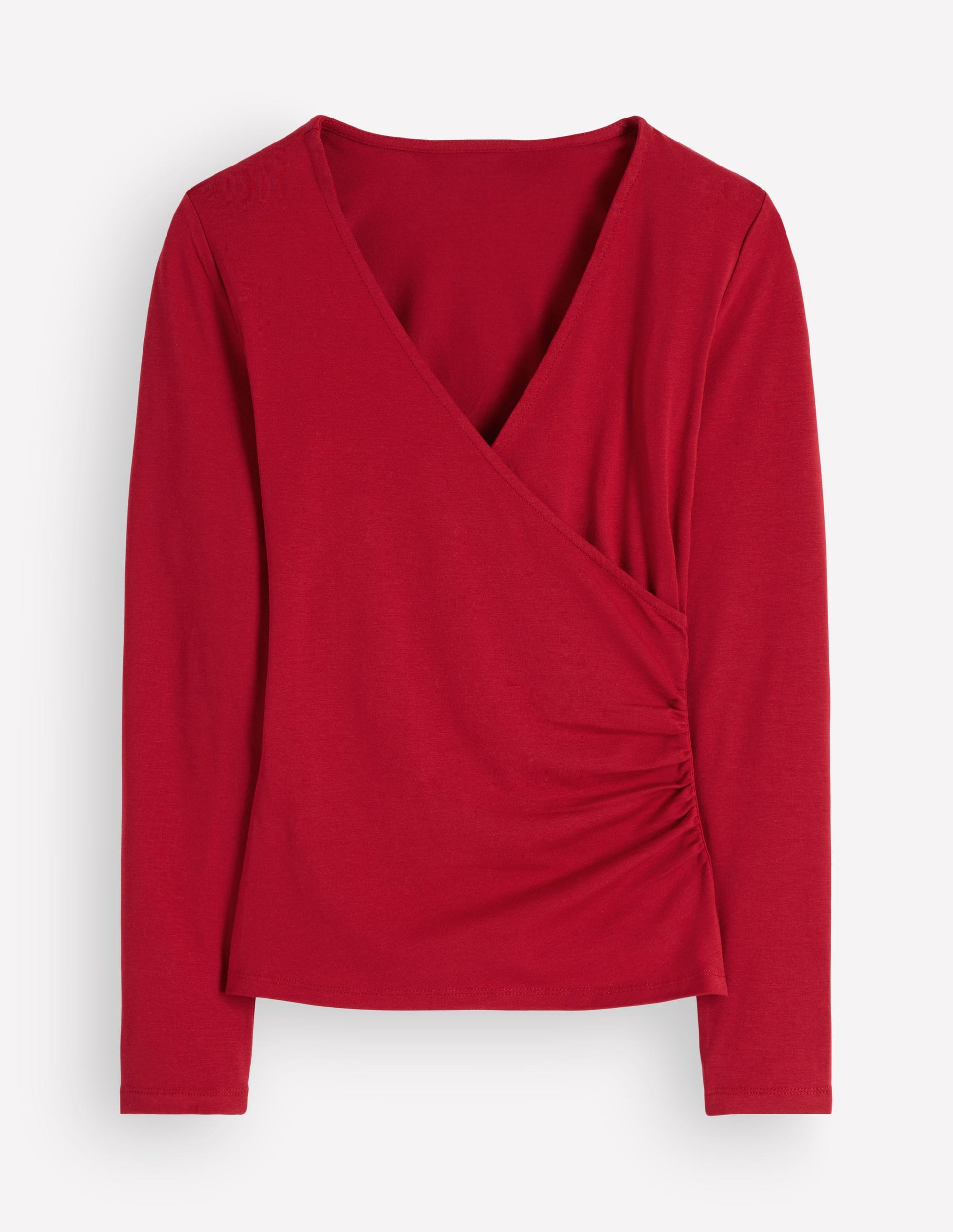 Ruched Long Sleeve Wrap Top-Crimson Red-5