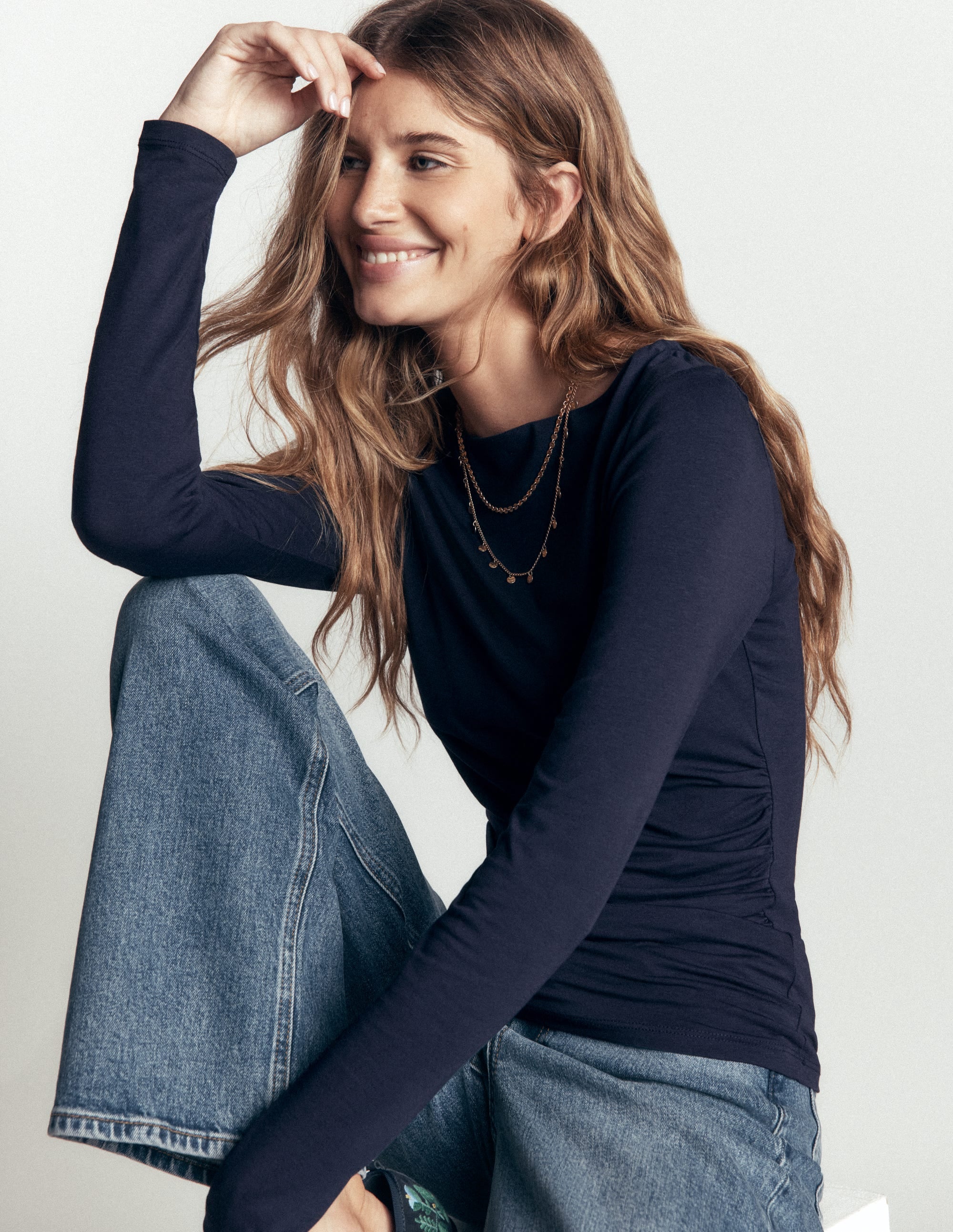 Gathered Detail Long sleeve-Navy - Image 1