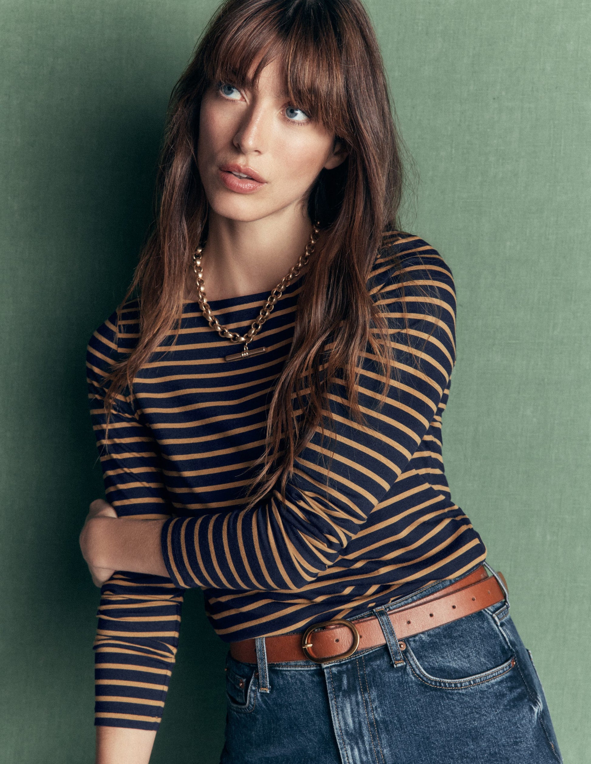 Square Neck Long Sleeve-Navy and Dijon Stripe-2
