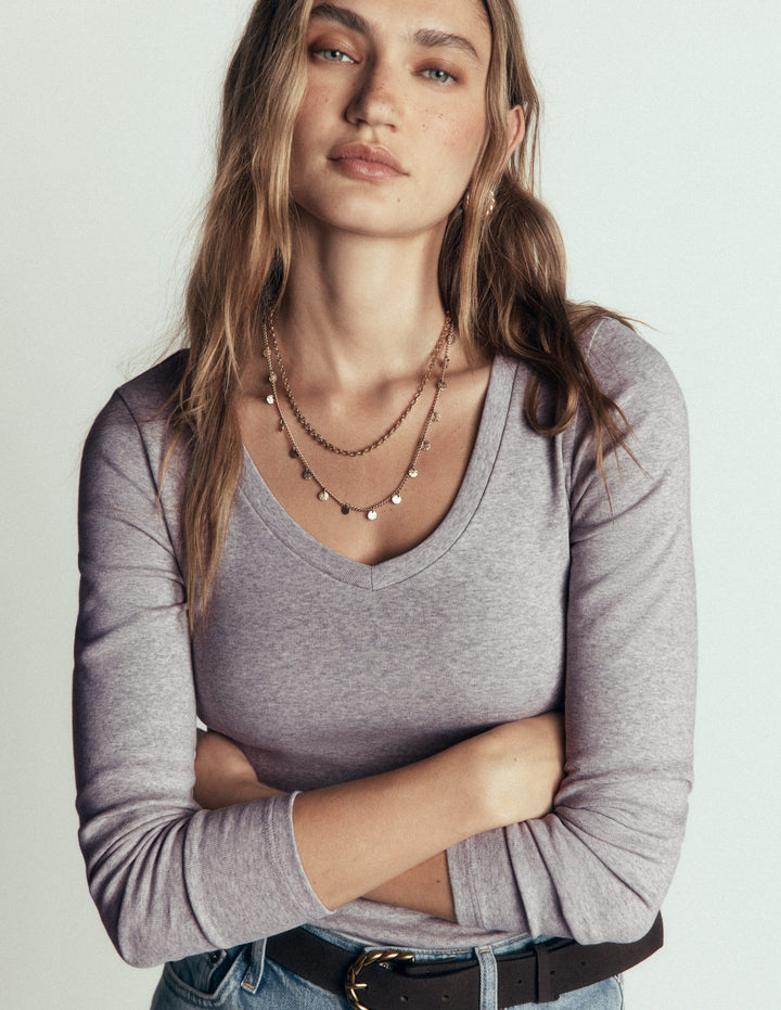 Essential V Neck Top-Grey Marl