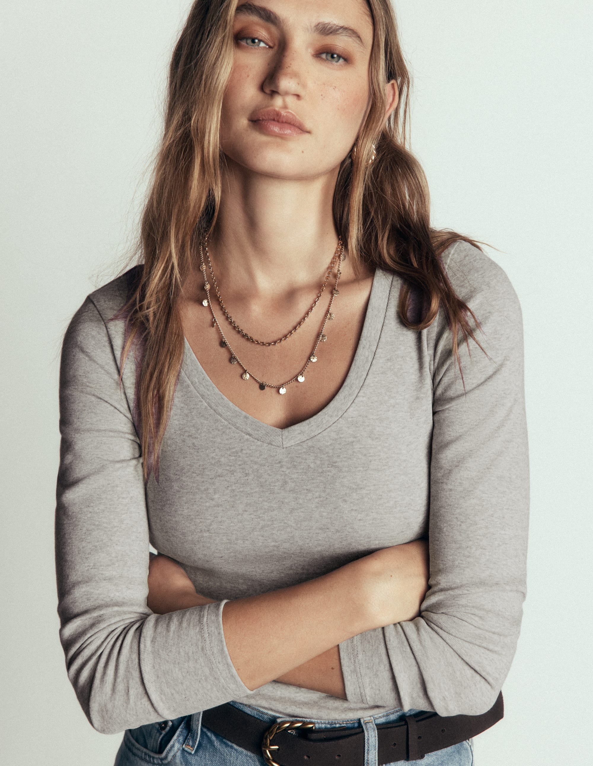Annie Essential V Neck Top-Grey Marl - Image 1