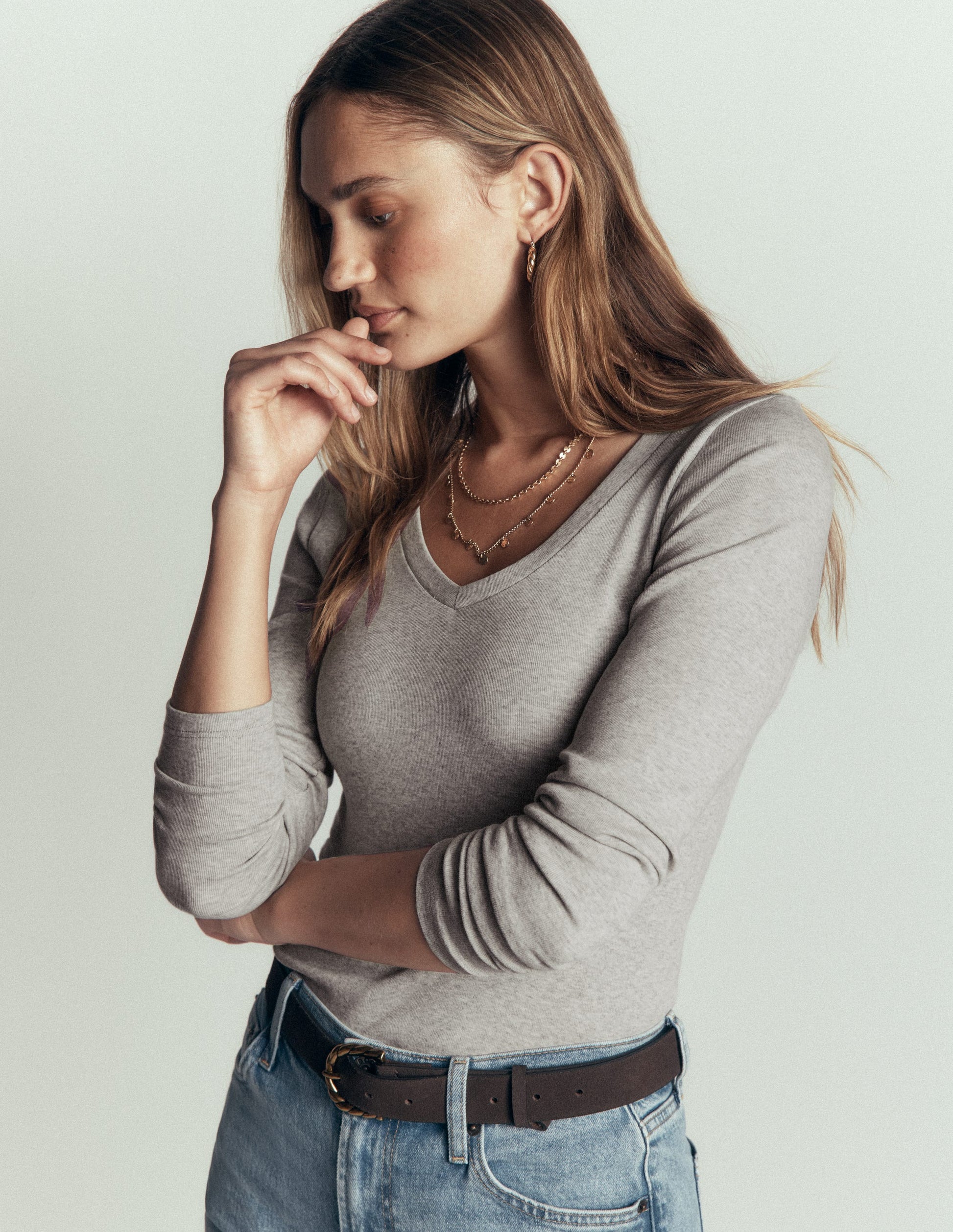 Annie Essential V Neck Top-Grey Marl-4