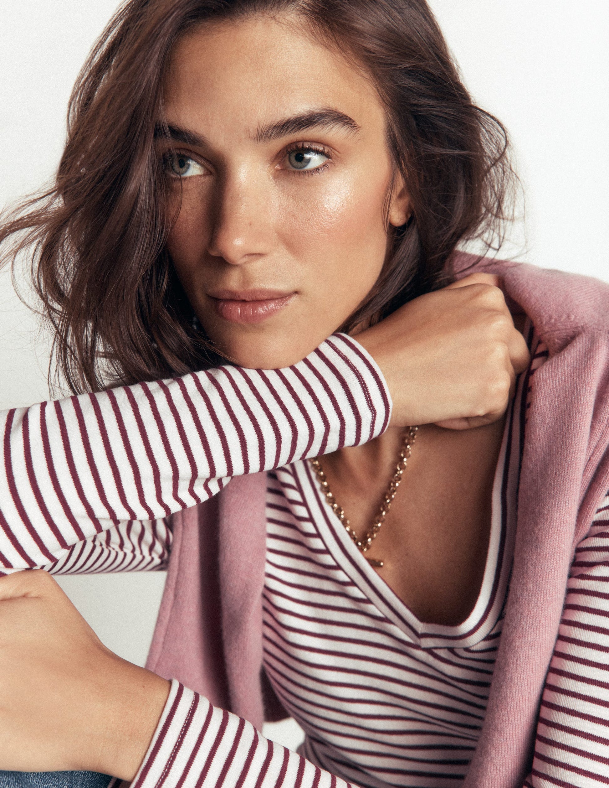 Annie Essential V Neck Top-Deep Wisteria and Ivory Stripe-2