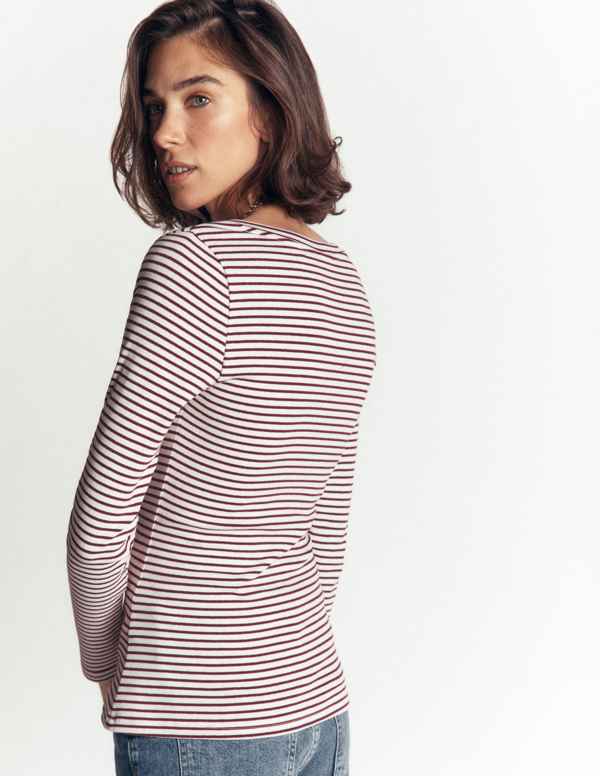 Annie Essential V Neck Top-Deep Wisteria and Ivory Stripe - Image 3