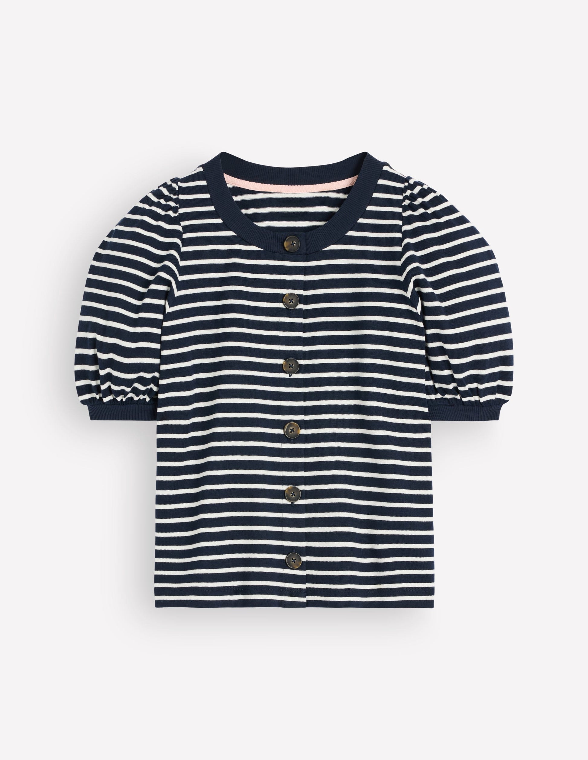 Button-through Puff Sleeve Top-Navy and Ivory Stripe-4