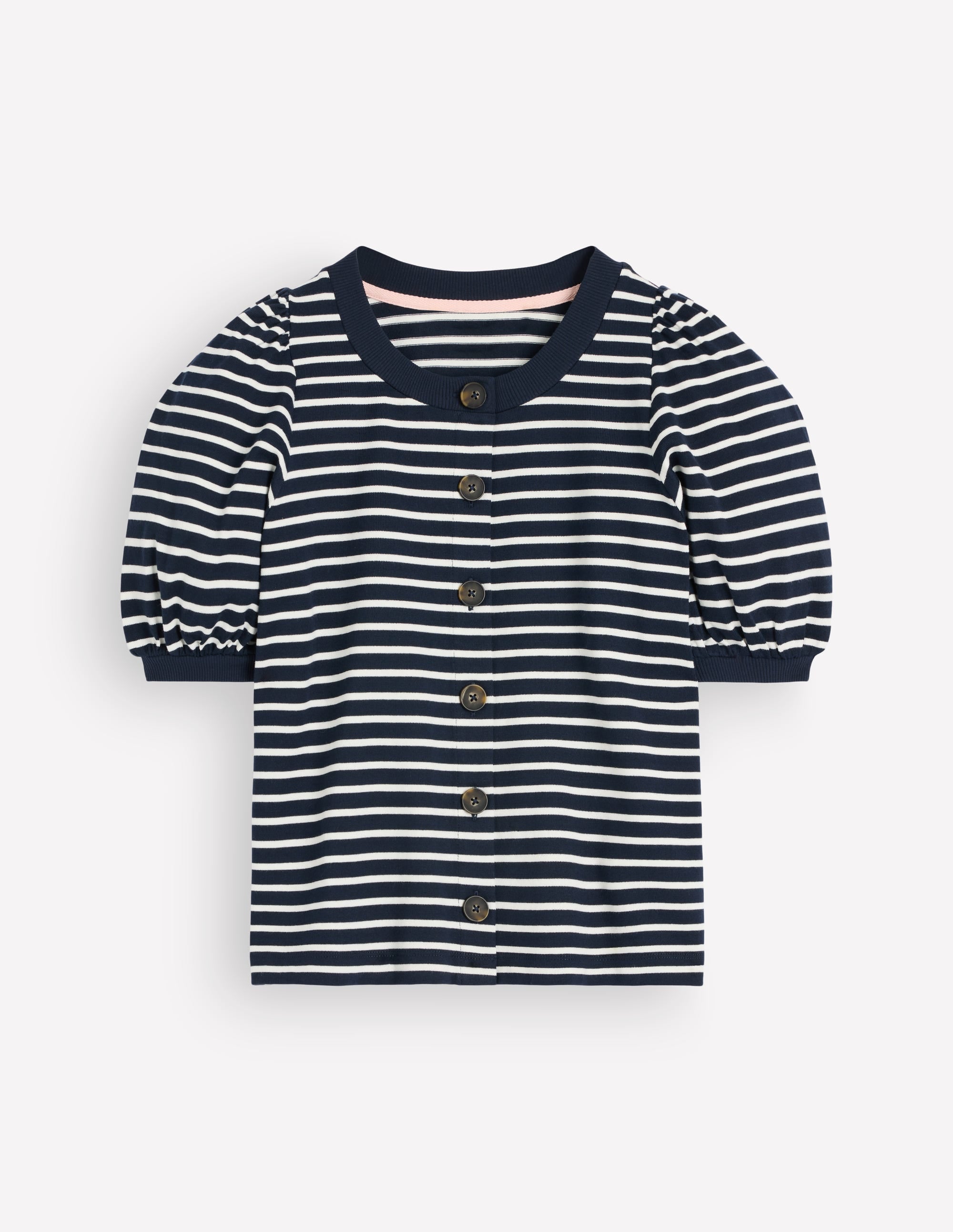 Button-through Puff Sleeve Top-Navy and Ivory Stripe - Image 4