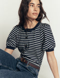 Button-through Puff Sleeve Top-Navy and Ivory Stripe