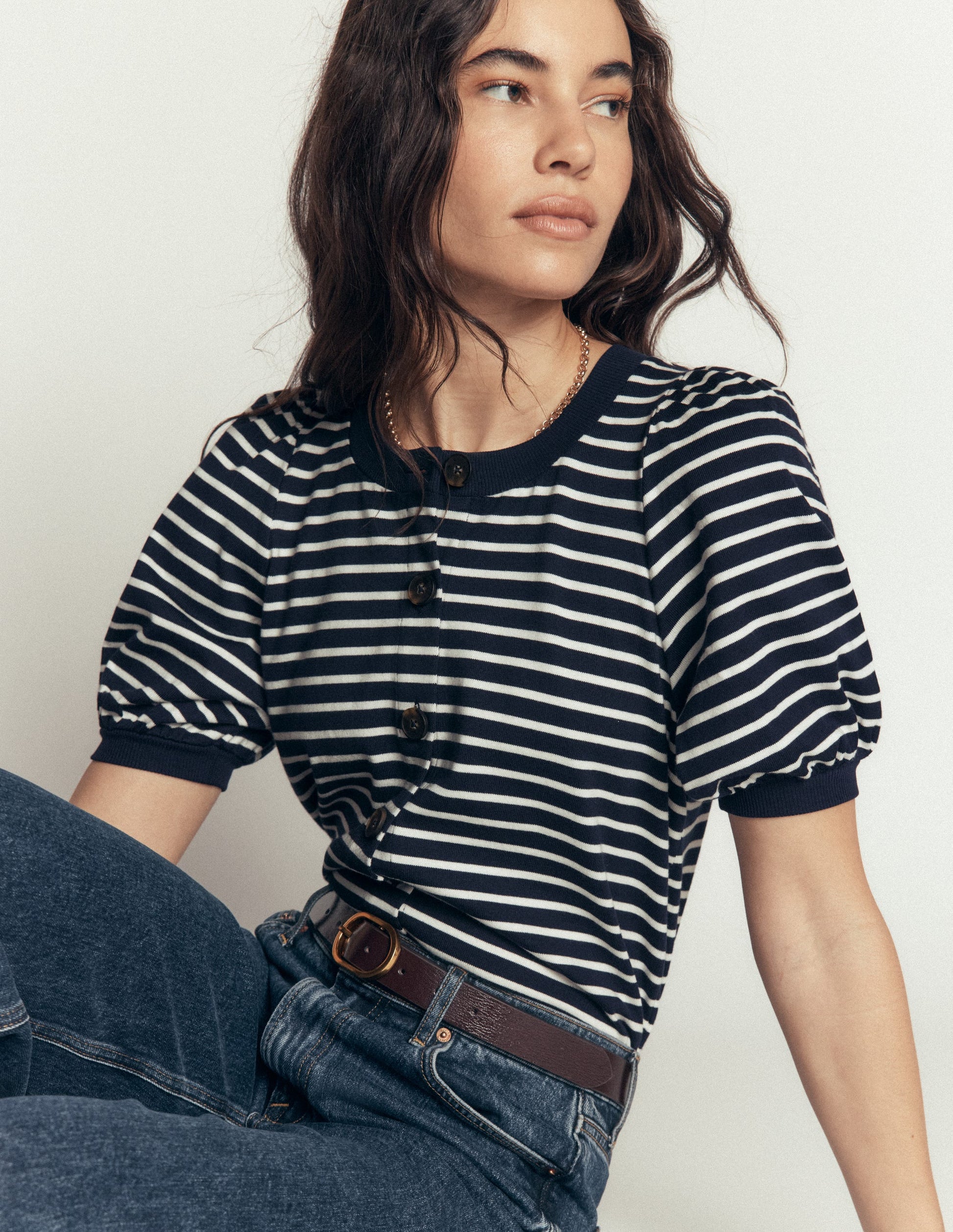Button-through Puff Sleeve Top-Navy and Ivory Stripe-1