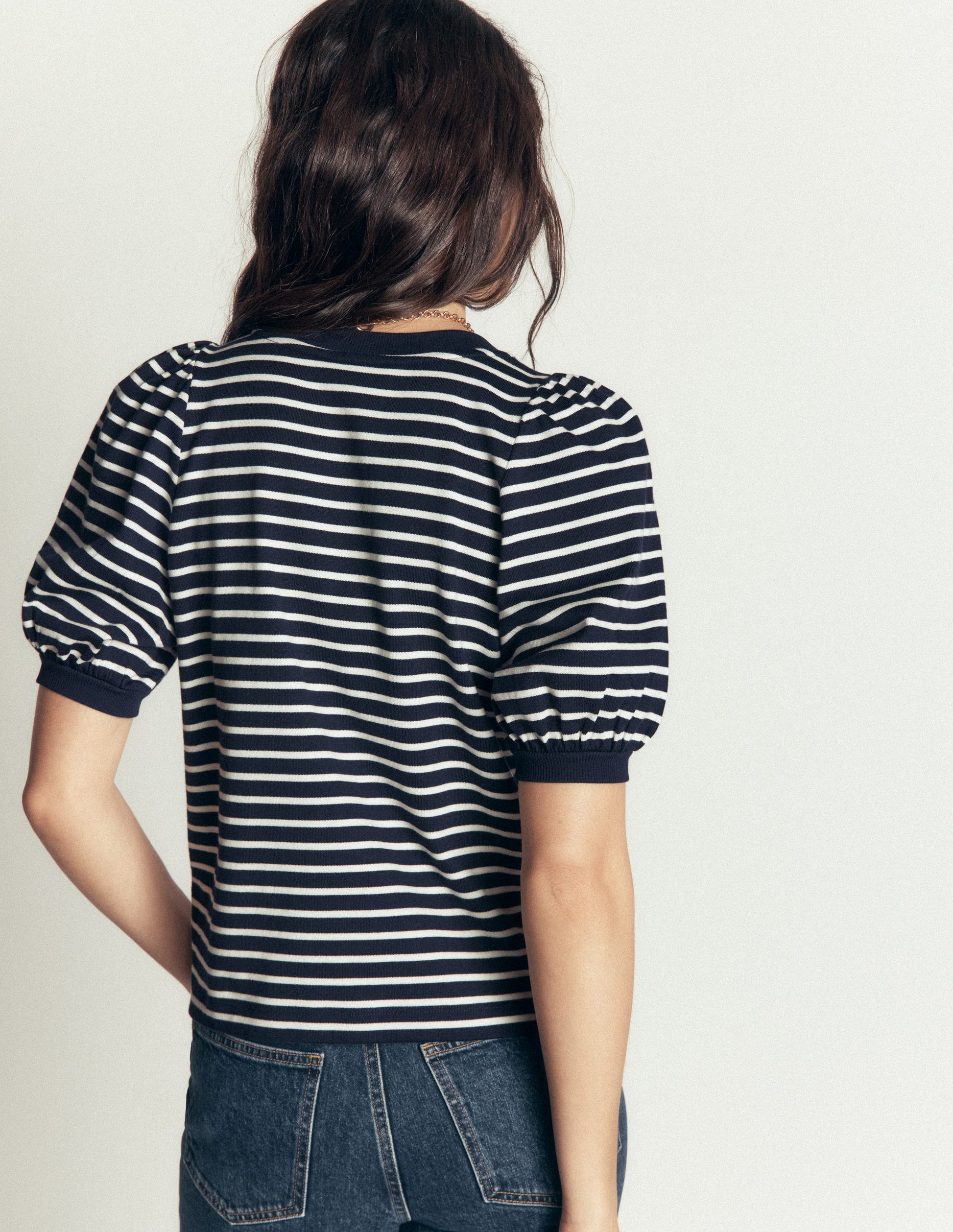 Button-through Puff Sleeve Top-Navy and Ivory Stripe-3