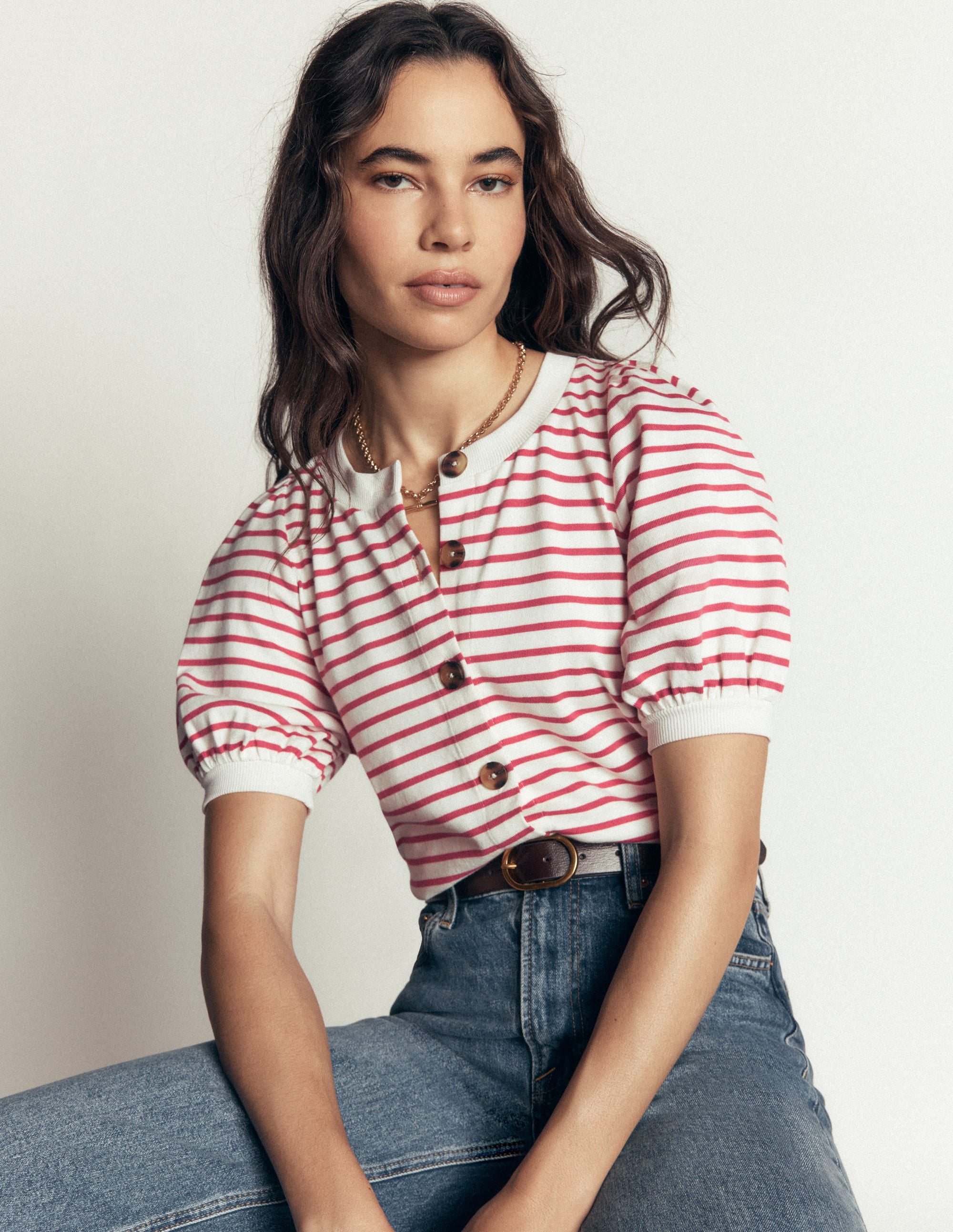 Button-through Puff Sleeve Top-Ivory and Hollyberry Stripe - Image 2