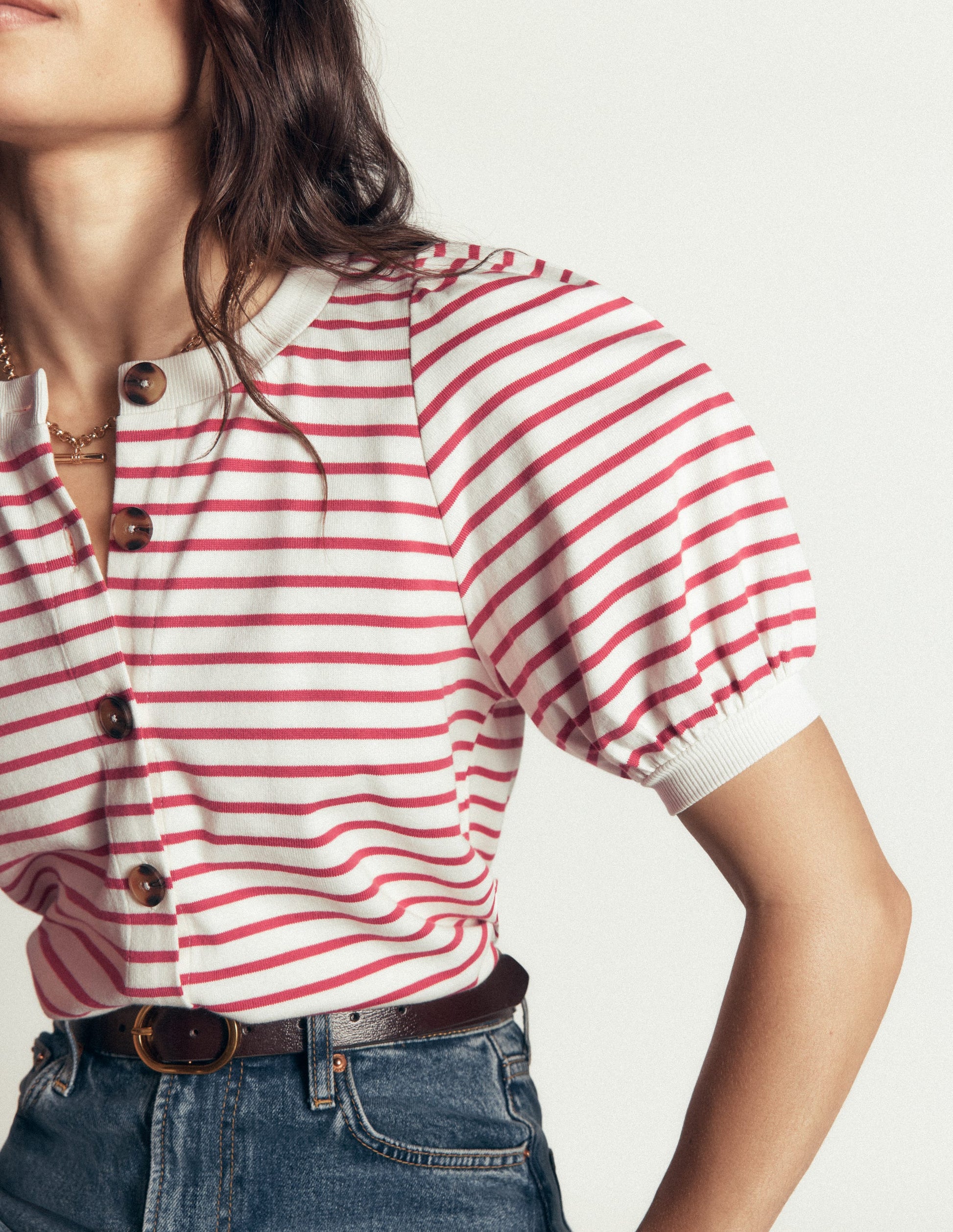 Button-through Puff Sleeve Top-Ivory and Hollyberry Stripe-3