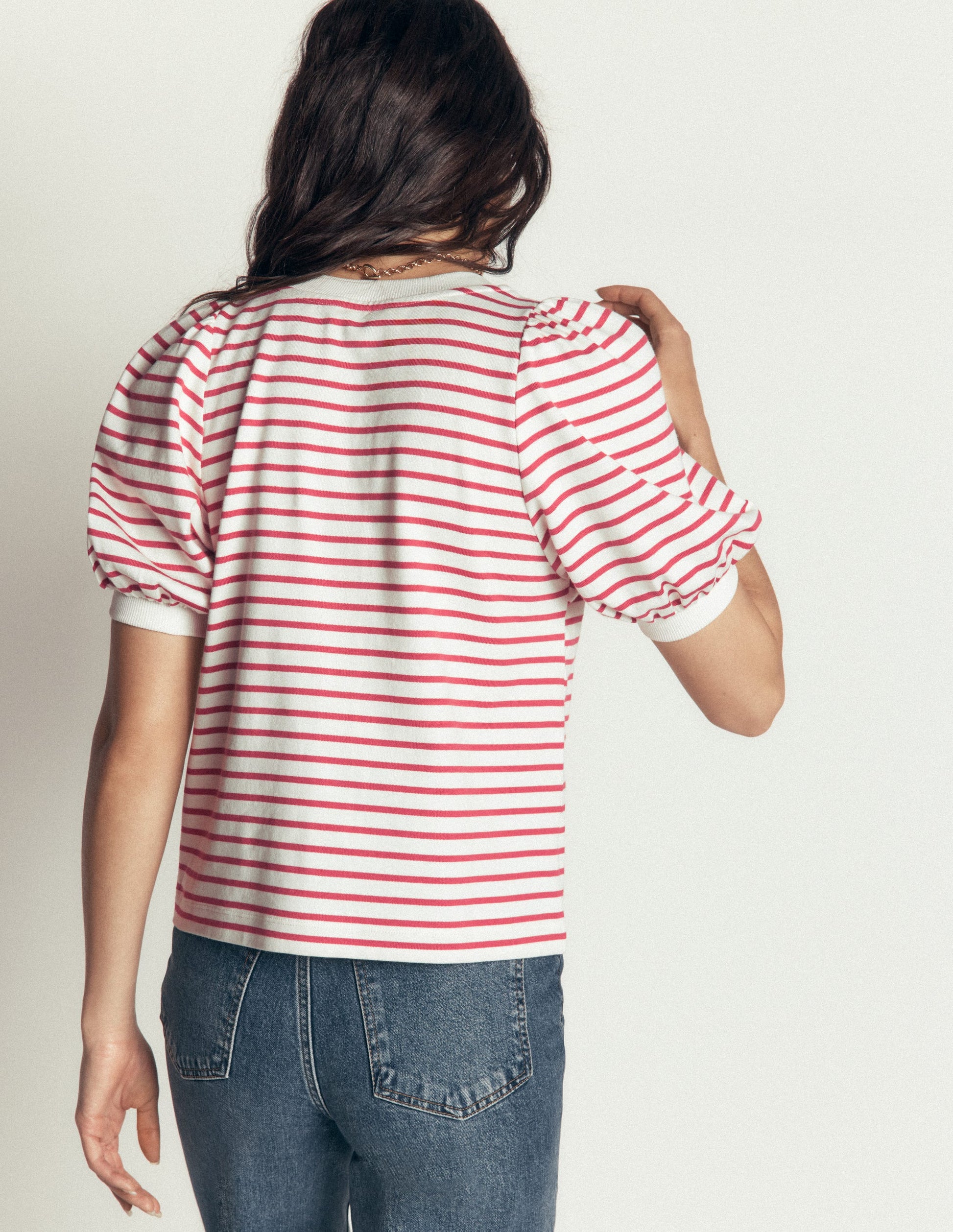Button-through Puff Sleeve Top-Ivory and Hollyberry Stripe-4