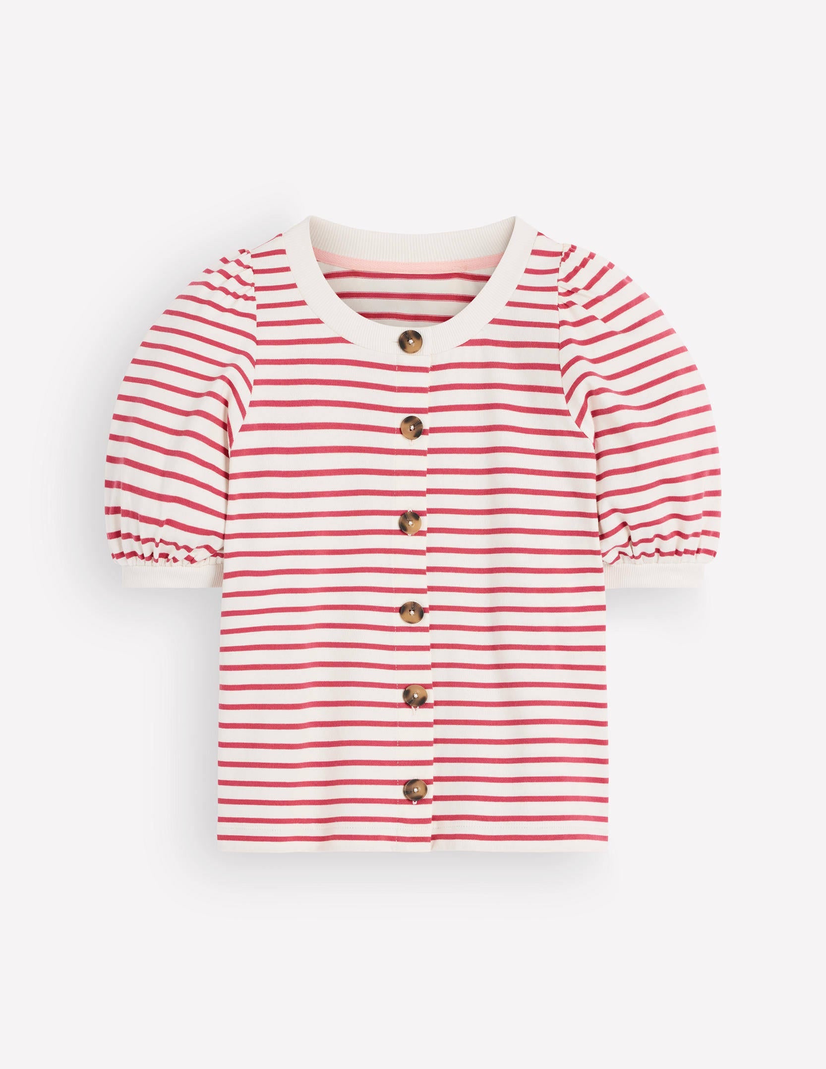 Button-through Puff Sleeve Top-Ivory and Hollyberry Stripe - Image 6