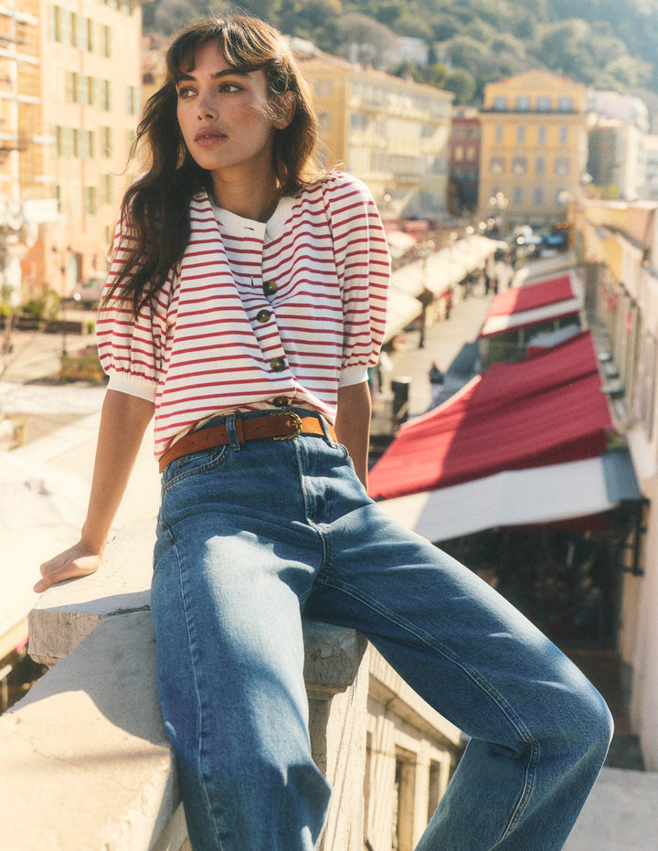 Button-through Full Sleeve Top-Ivory and Hollyberry Stripe