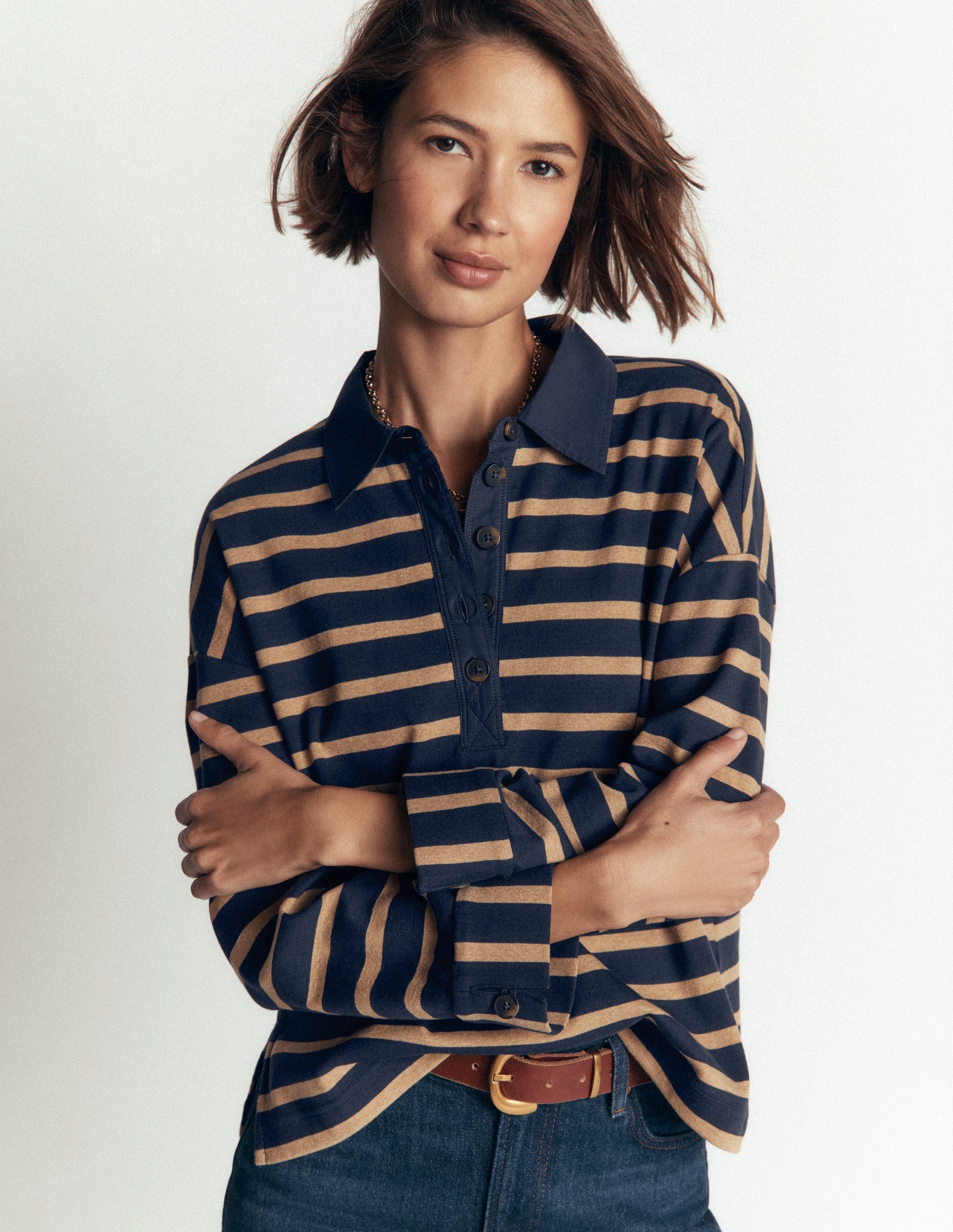Collar Button Striped Breton-Navy and Camel Stripe-1
