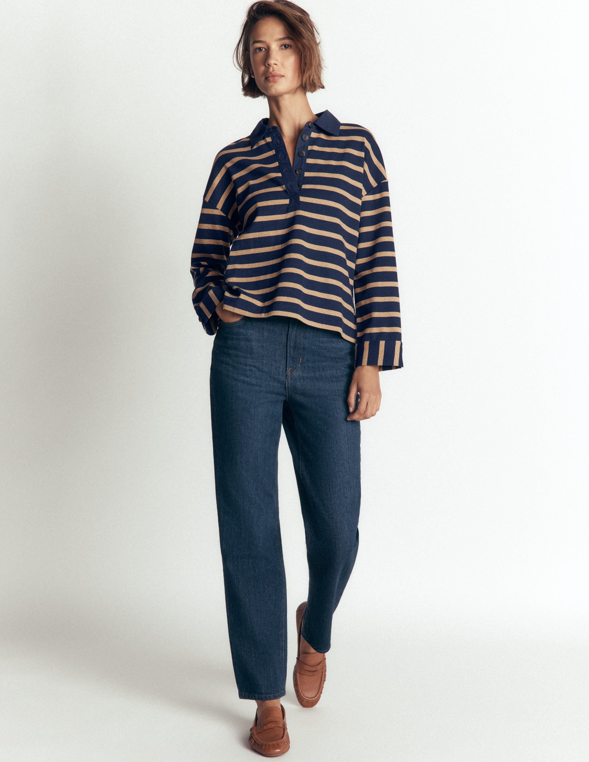 Collar Button Striped Breton-Navy and Camel Stripe - Image 4