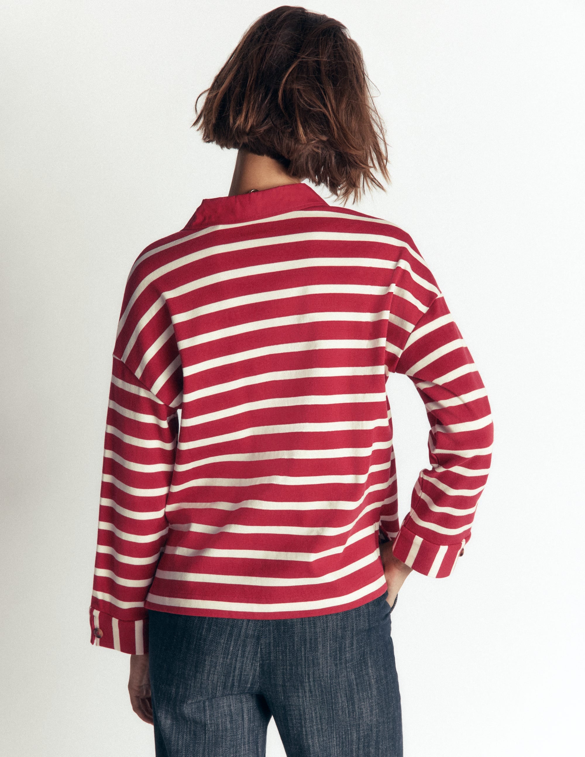 Collar Button Striped Breton-Garnet and Ivory Stripe - Image 3