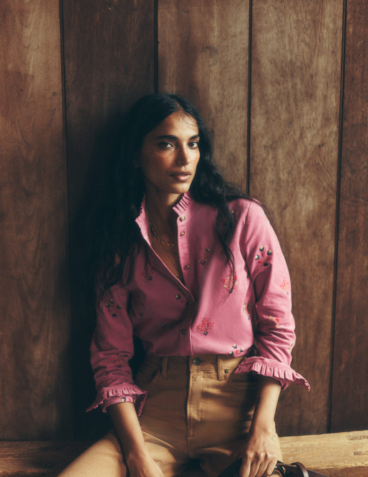 Sienna Frill Cord Shirt-Pink Heather, Embroidered-6