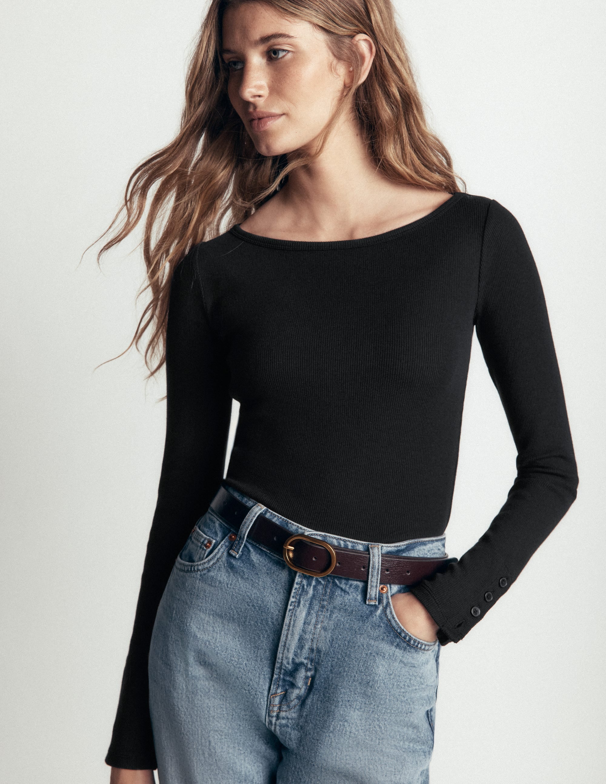 Button Cuff Ribbed Boatneck-Black - Image 1
