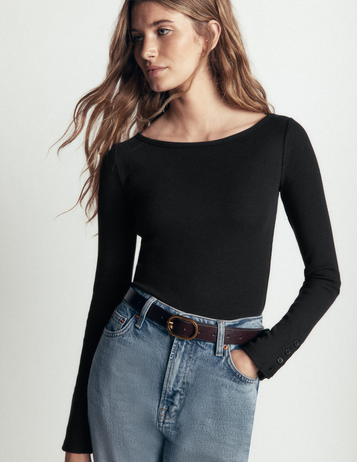 Button Cuff Ribbed Boatneck-Black-4