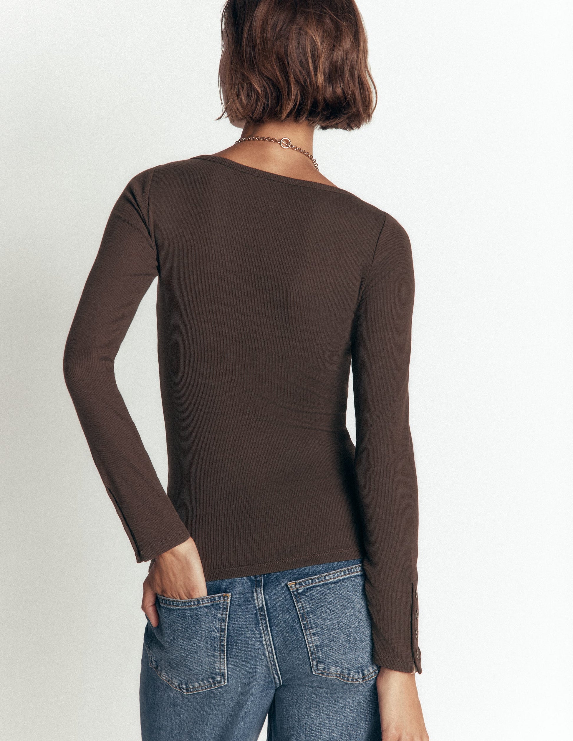 Button Cuff Ribbed Boatneck-Bitter Chocolate-3