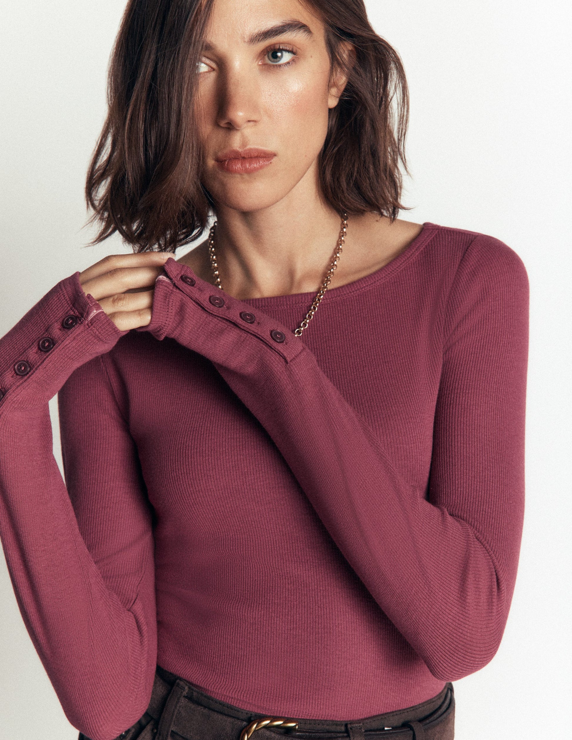 Button Cuff Ribbed Boatneck-Maroon-1