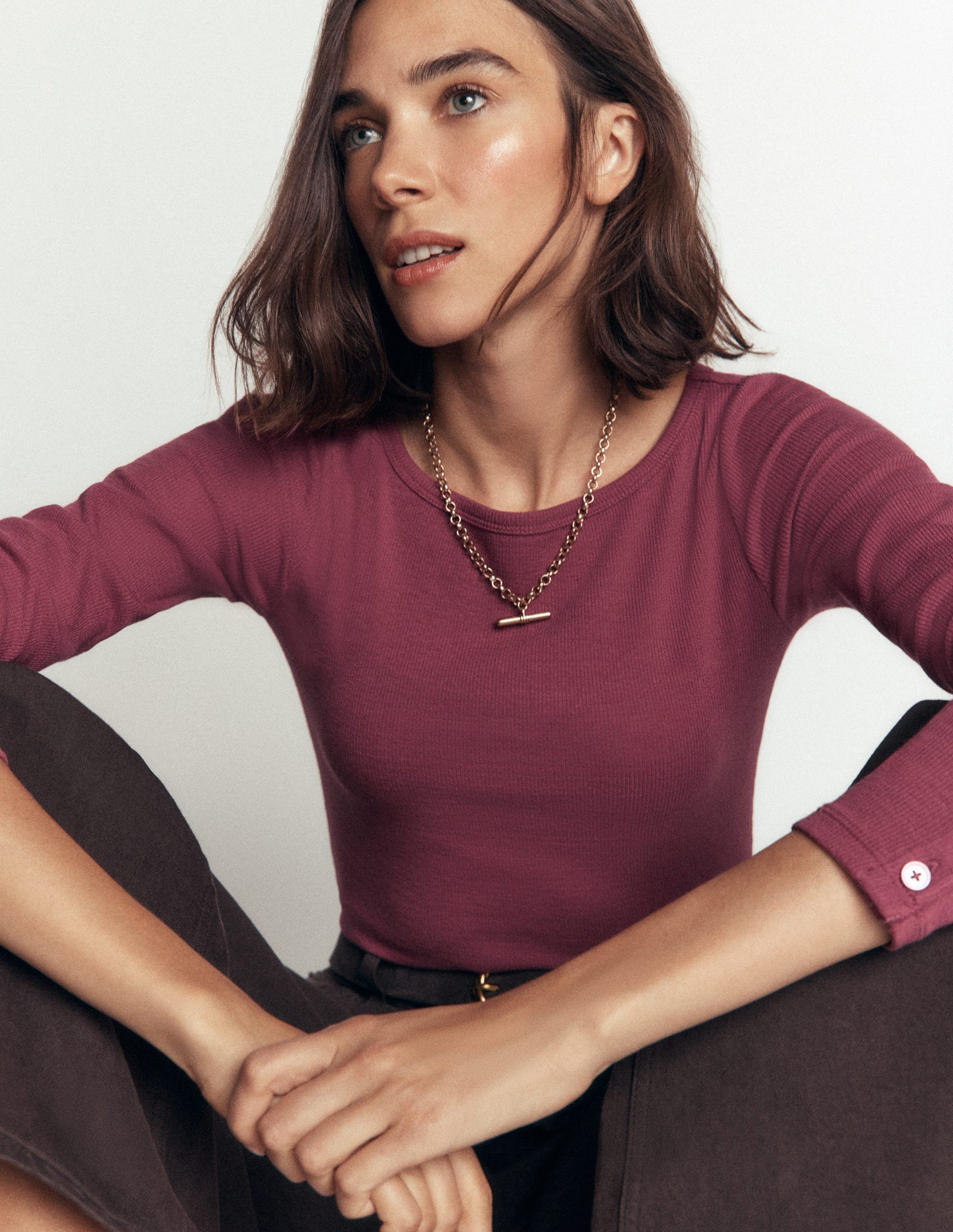 Button Cuff Ribbed Boatneck-Maroon-4