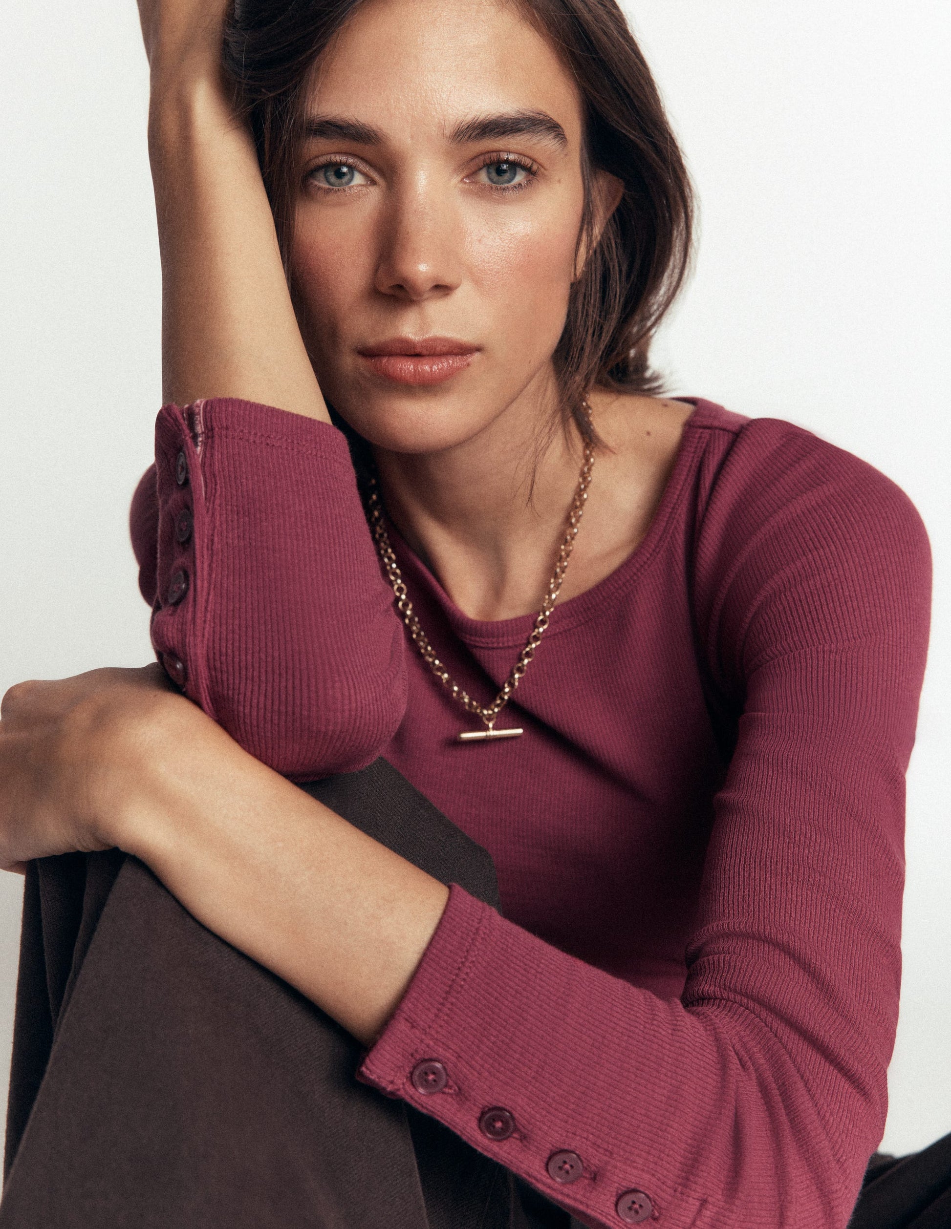 Button Cuff Ribbed Boatneck-Maroon-5