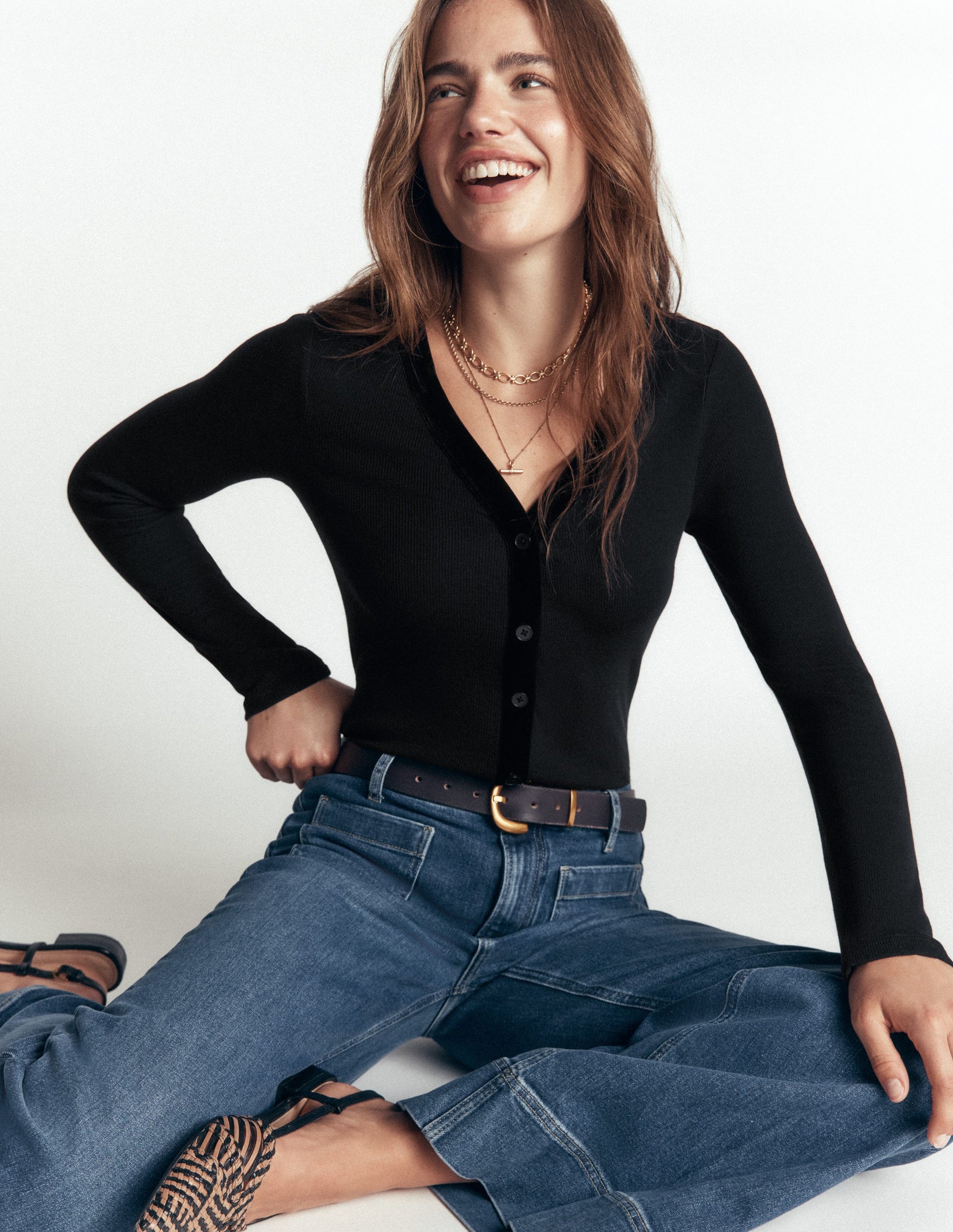 Velvet Trimmed V-Neck Top-Black-1