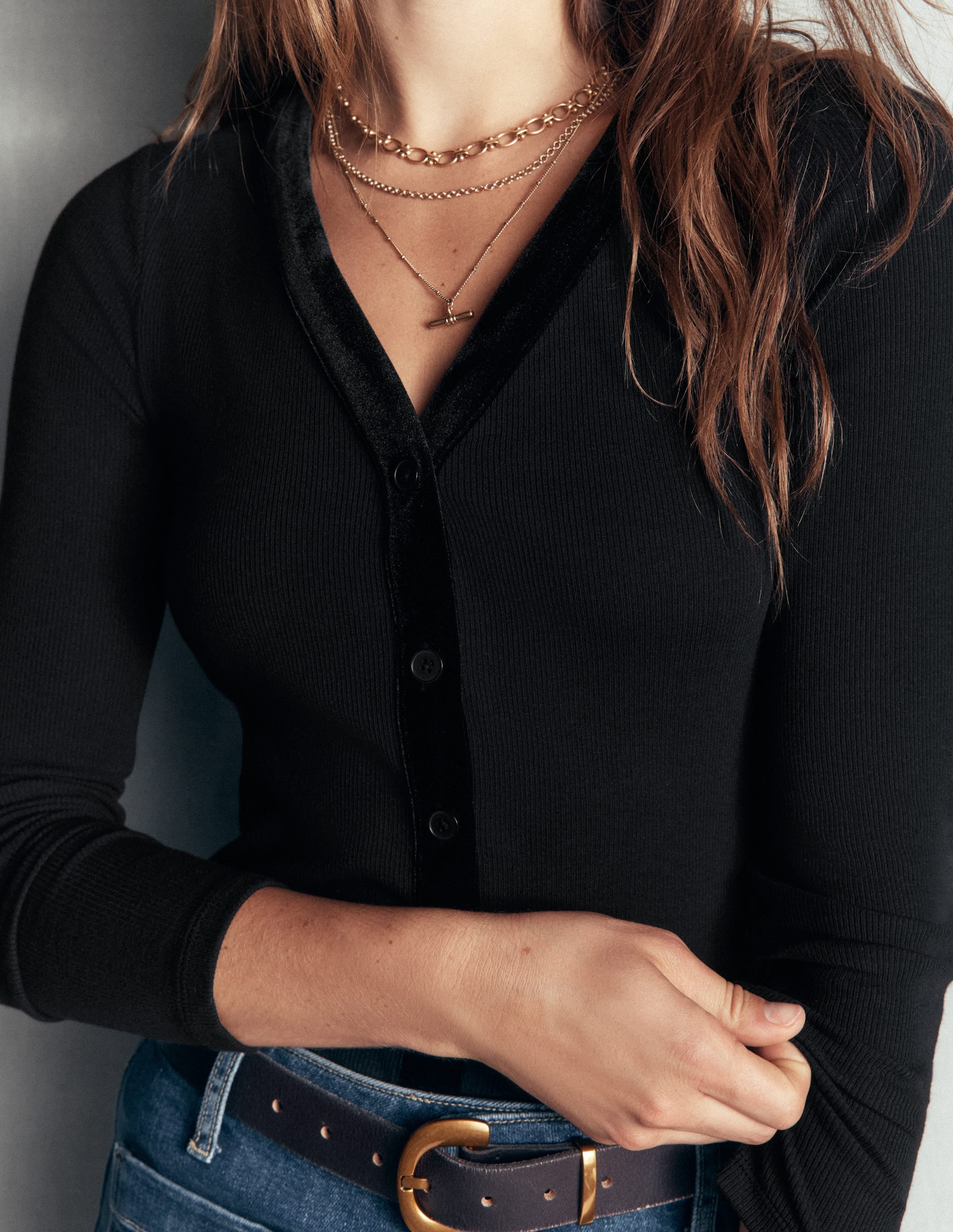 Velvet Trimmed V - Neck Top - Black | Boden USA