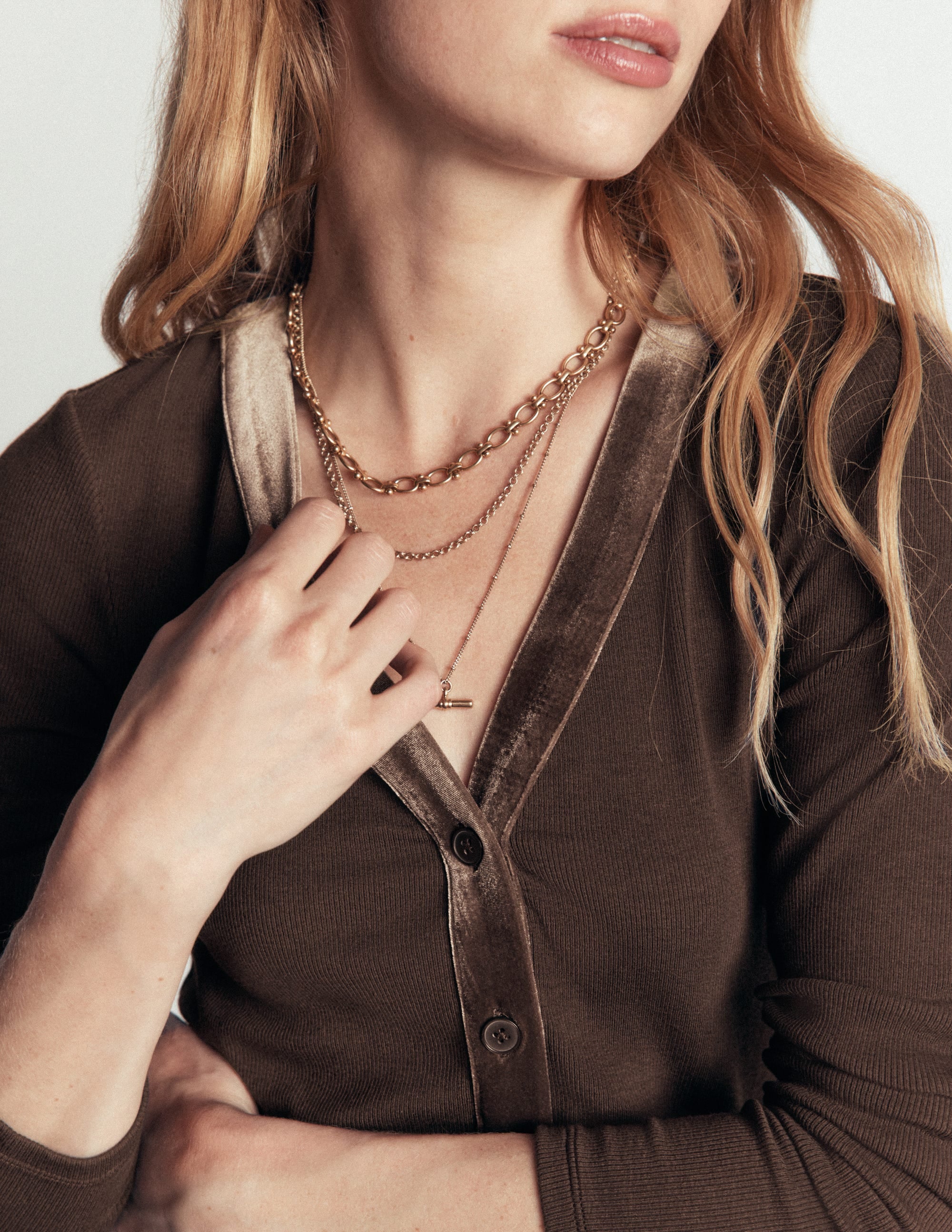 Velvet Trimmed V-Neck Top-Bitter Chocolate - Image 2