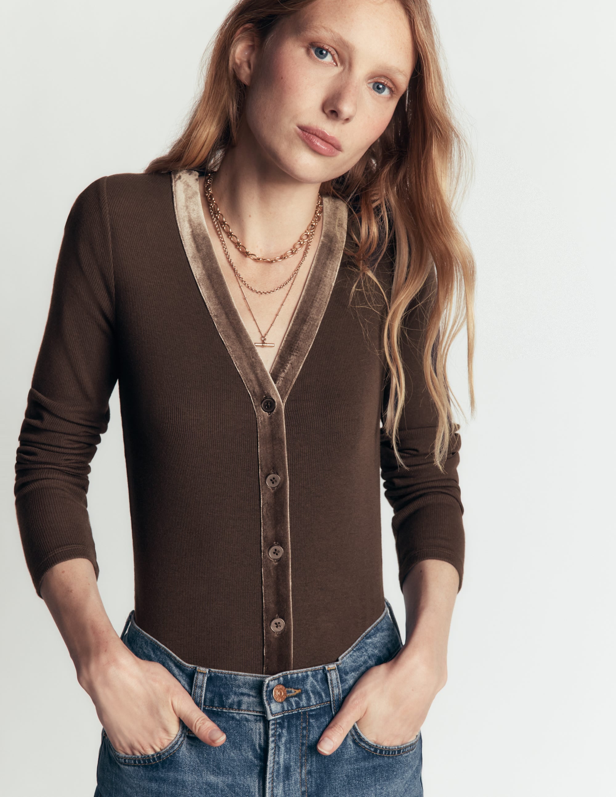 Velvet Trimmed V-Neck Top-Bitter Chocolate - Image 4