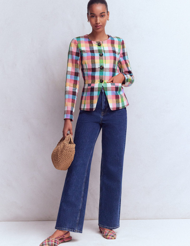 Hampstead Linen Blazer-Soft Yellow, Pink Multigingham