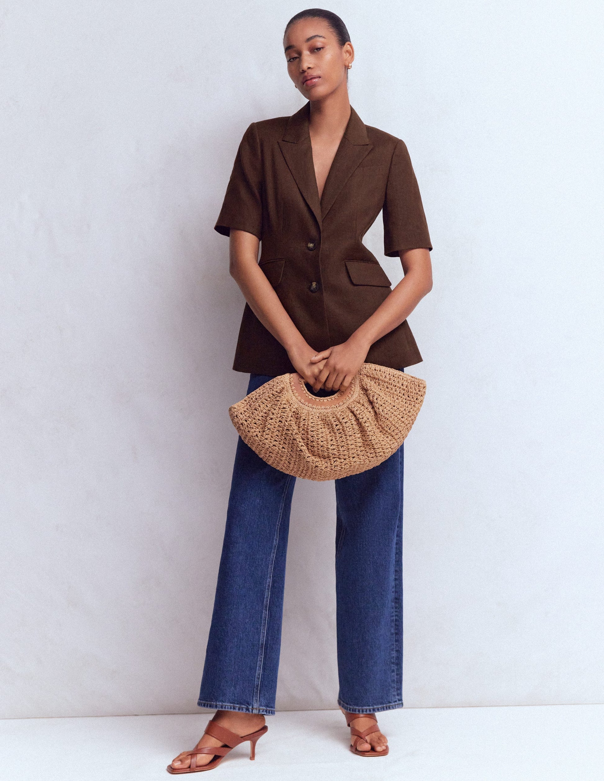 Short Sleeve Linen Blazer-Bitter Chocolate-1