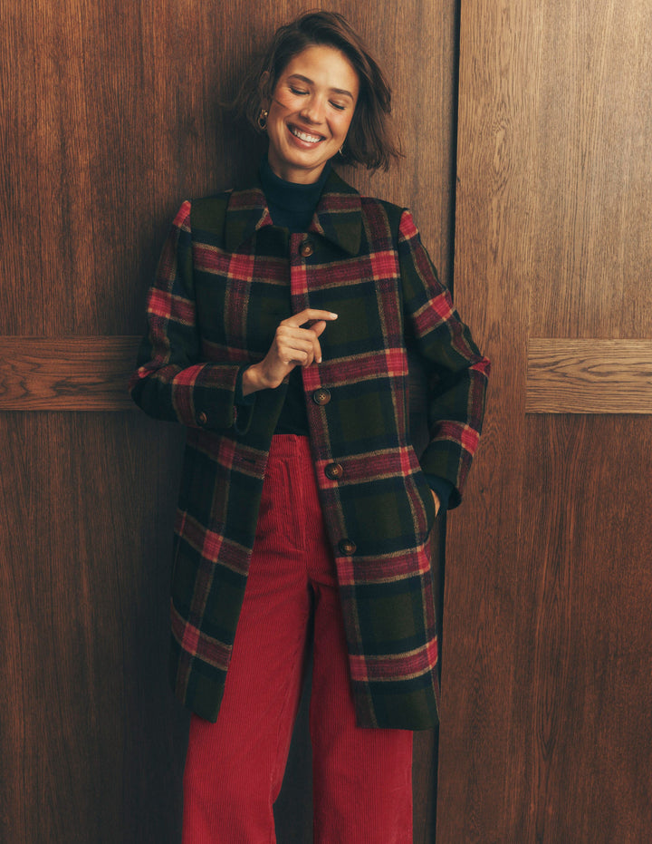 Aylesford Wool Coat-Olive, Navy and Red Check