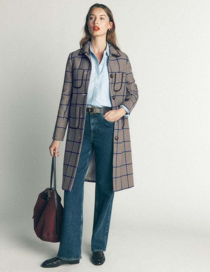 Patch Pocket Wool Blend Coat-Maroon, Teal Prince of Wales