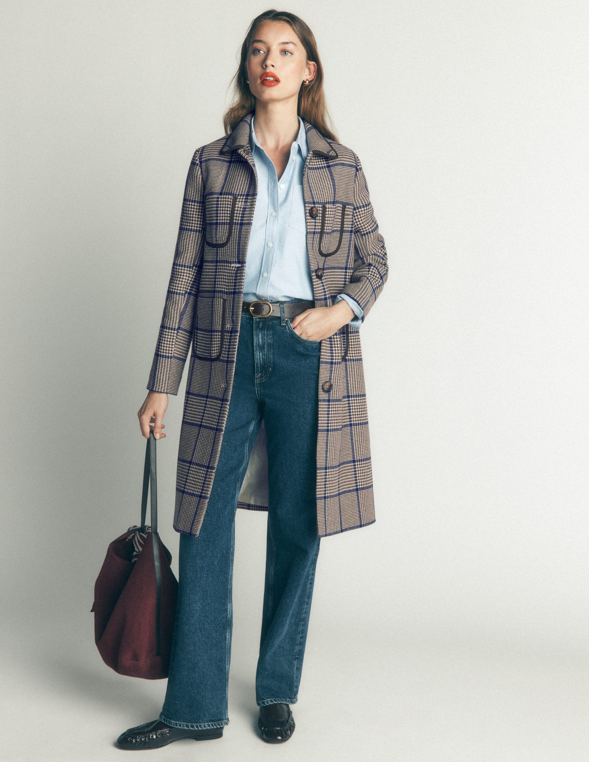 Patch Pocket Wool Blend Coat-Maroon, Teal Prince of Wales-3