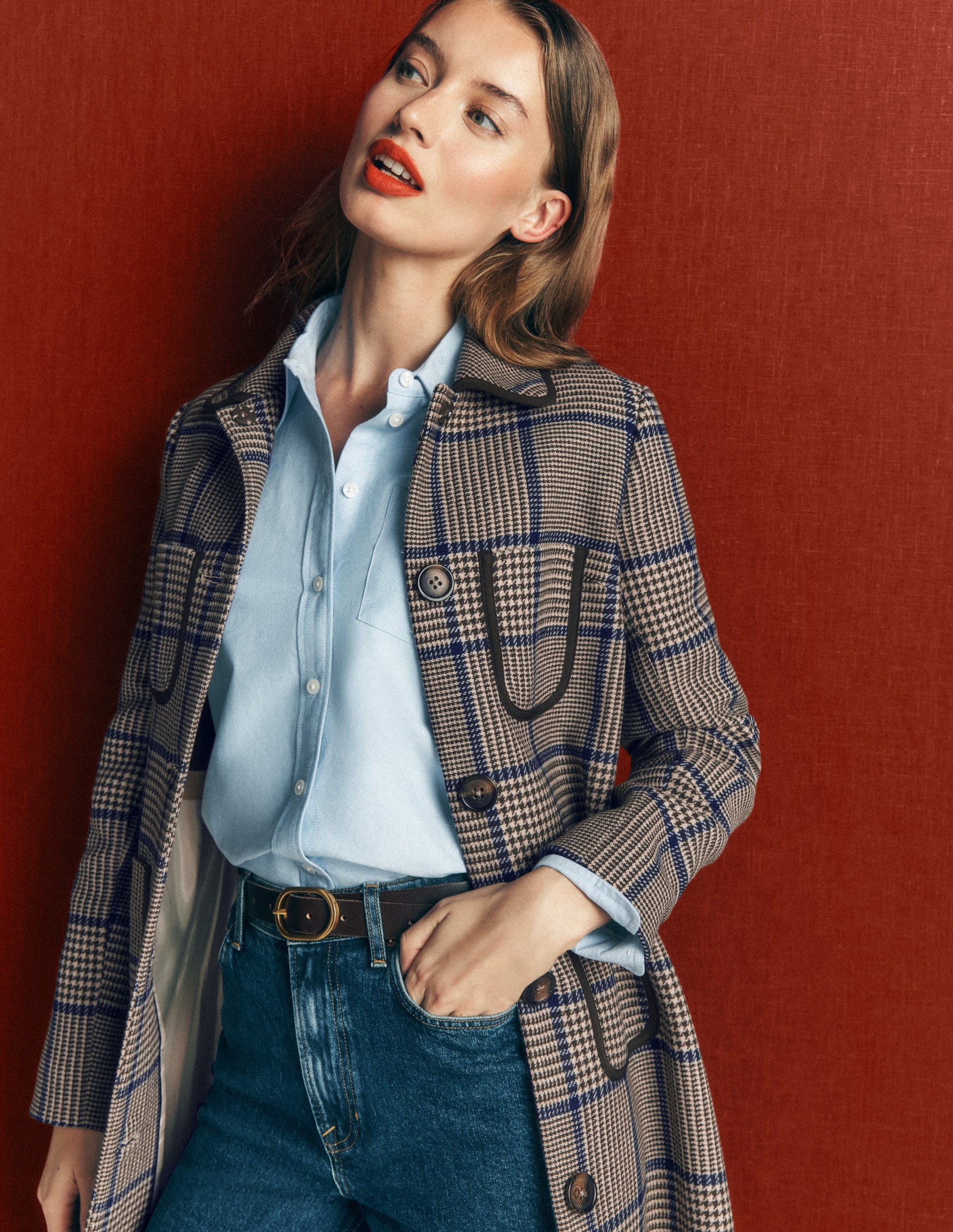 Patch Pocket Wool Blend Coat-Maroon, Teal Prince of Wales-4