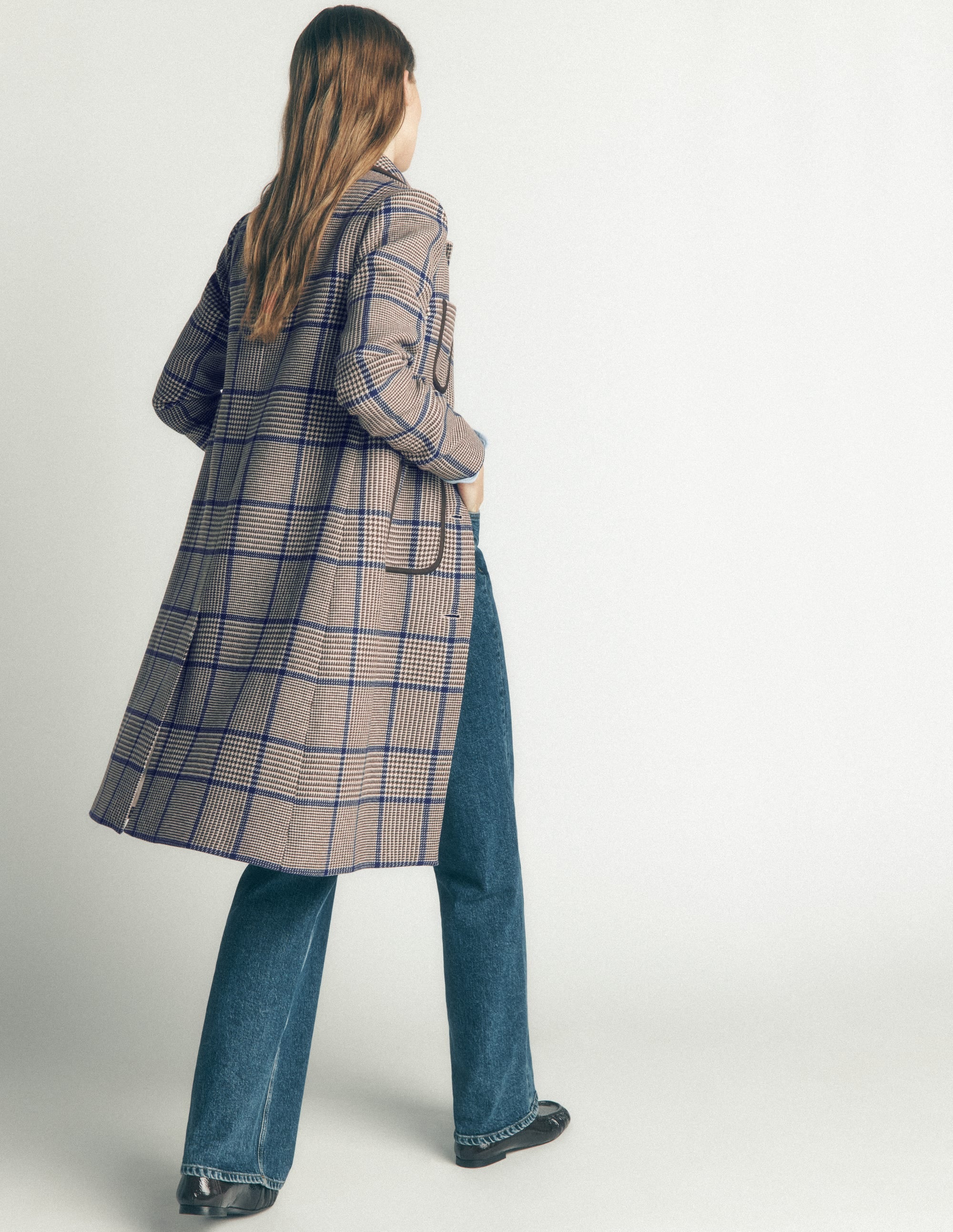 Patch Pocket Wool Blend Coat-Maroon, Teal Prince of Wales - Image 4