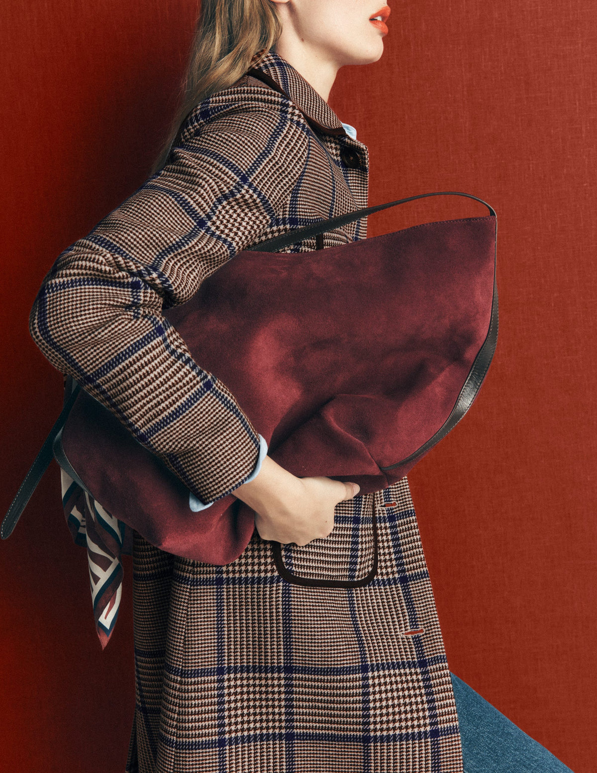 Patch Pocket Wool Blend Coat-Maroon, Teal Prince of Wales-4