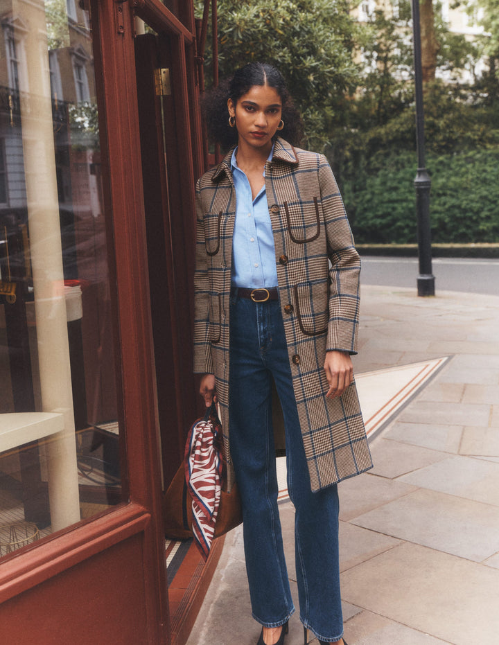 Patch Pocket Wool Blend Coat-Maroon, Teal Prince of Wales